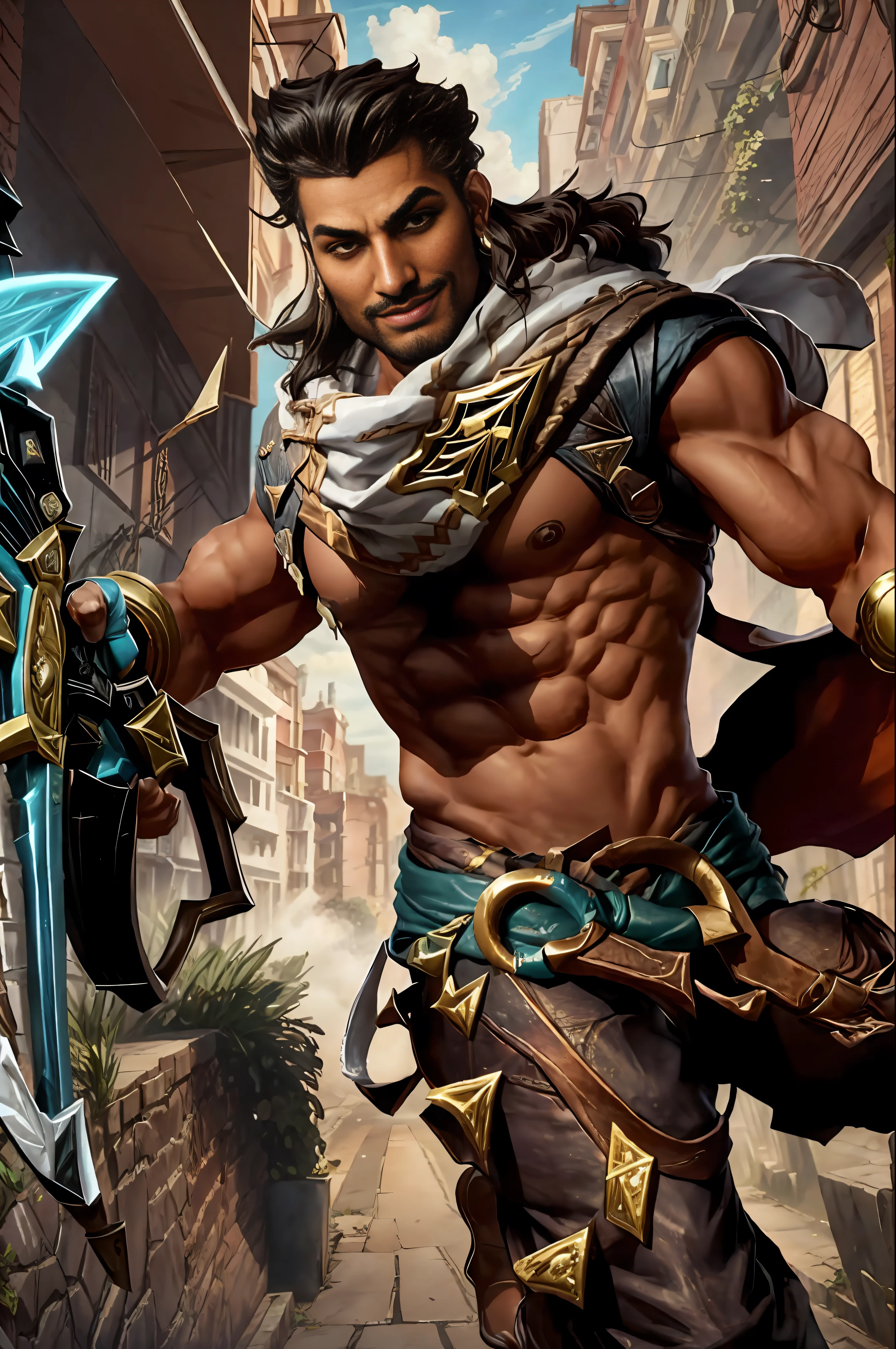 Ultra-realistic wallpaper of Akshan, from the game League of Legends, for mobile. Akshan should be featured prominently in the center of the image, displaying all of his personality and style. Your attire should be detailed, with your distinctive features, showing no abs, such as shaggy brown hair and piercing eyes. He must be wielding his iconic weapon, the spinning hook, masterfully. The background should complement the character's theme, depicting urban elements or a setting inspired by the game. The final image should be high resolution and convey the feeling of seeing a real photo of Akshan
