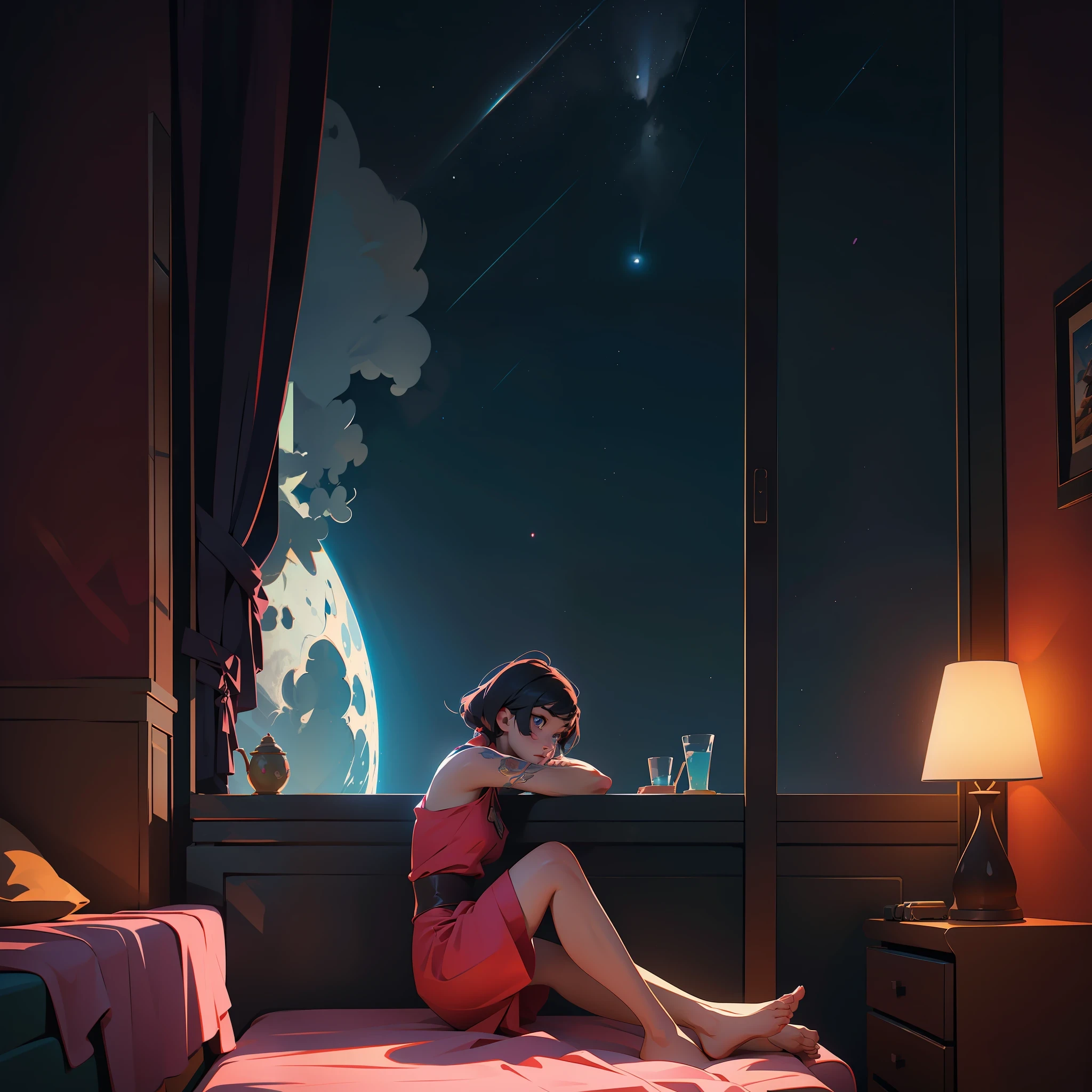 game engine rendering, super high quality rendering, clear lines, geometry, masterpiece, best quality, official art, extremely detailed CGunity 8K wallpaper, RAWE very detailed, illustration, unreal engine, art station, unreal 5, daz, surrealism, octane rendering, high quality shadows, games, (Game Concept Art Design: 1.1), (Cartoon Hand Drawn Style: 1.2), (Color: 0.6), Night, Moonlight, Platform, (Night: 1.3), (Indoor: 1.3), Apartment Bedroom, Sofa, (Large Window), French Window, Night View Outside the Window, (Girl in Bed), Table, Doll, C4D, Perspective, High Resolution, Masterpiece
