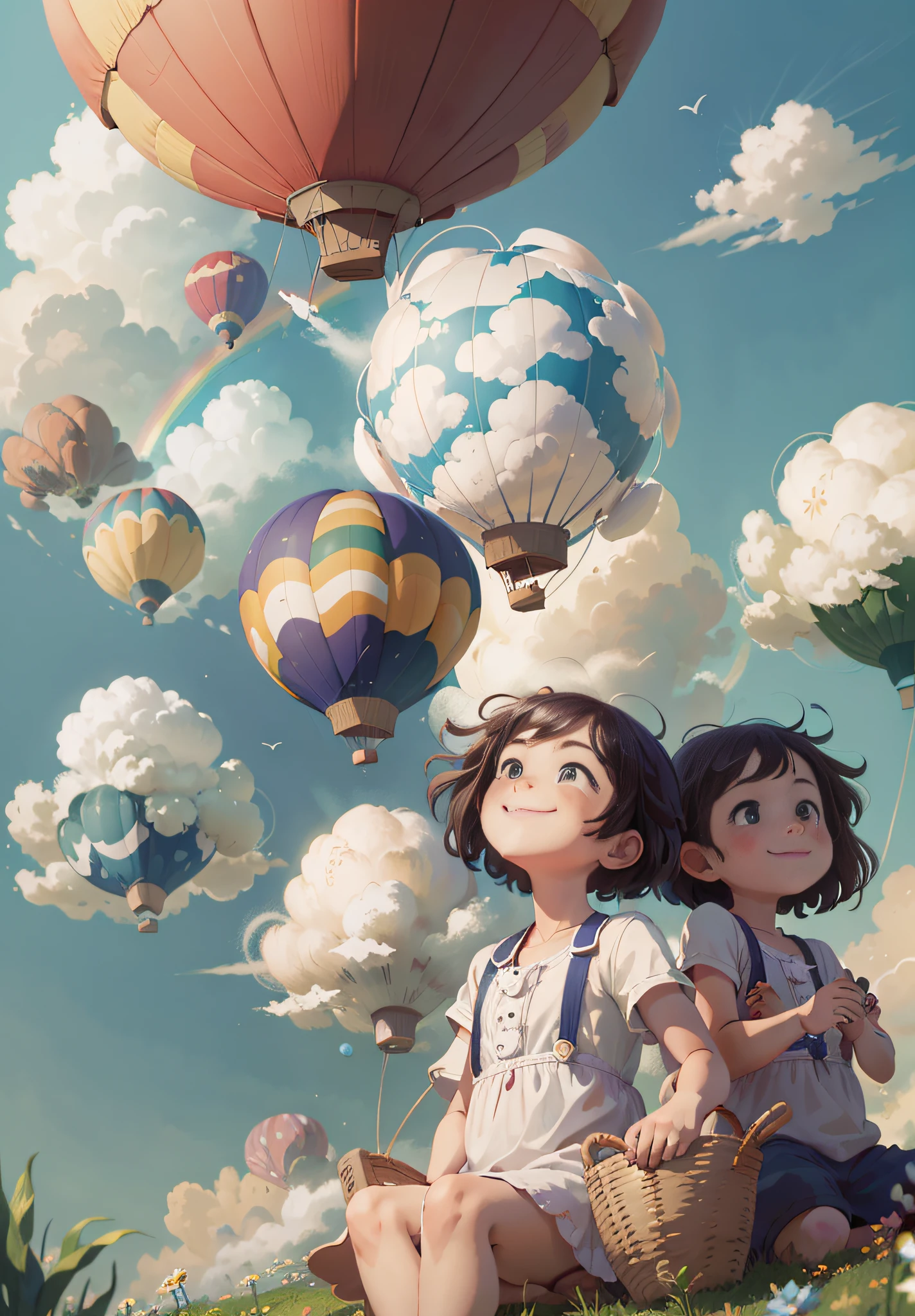 (Masterpiece, best quality) Two children sitting in a hot air balloon flying in the sky, smiling, fine facial features, sun, clean blue sky and white clouds, rainbow, meadow, summer -V6