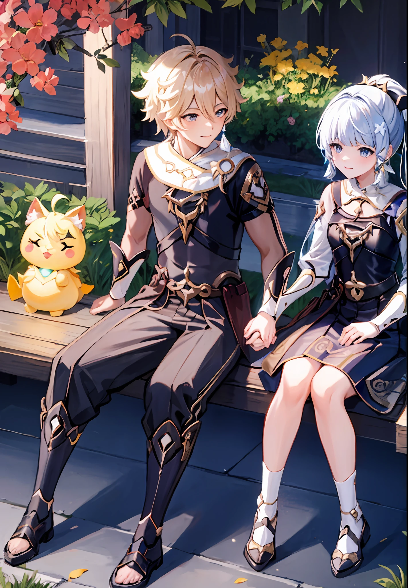anime couple, aether and ayaka anime couple (masterpiece:1.3), best quality, official art, 1girl, 1boy, (cute:1.3), sitting on a park bench, (holding hands), smiling, blushing, (bright), (:D:0.6), sun light, cumulonimbus clouds, birds, high quality fanart, best quality, aether yellow hair\(genshin impact\), kamisato_ayaka (flawless radiance) , official costume, ayaka hair ornament,cowboy shot,ponytail, blunt bangs,blue eyes, smile, closed mouth, eyebrows visible through hair, long hair, silver hair, big breasts,