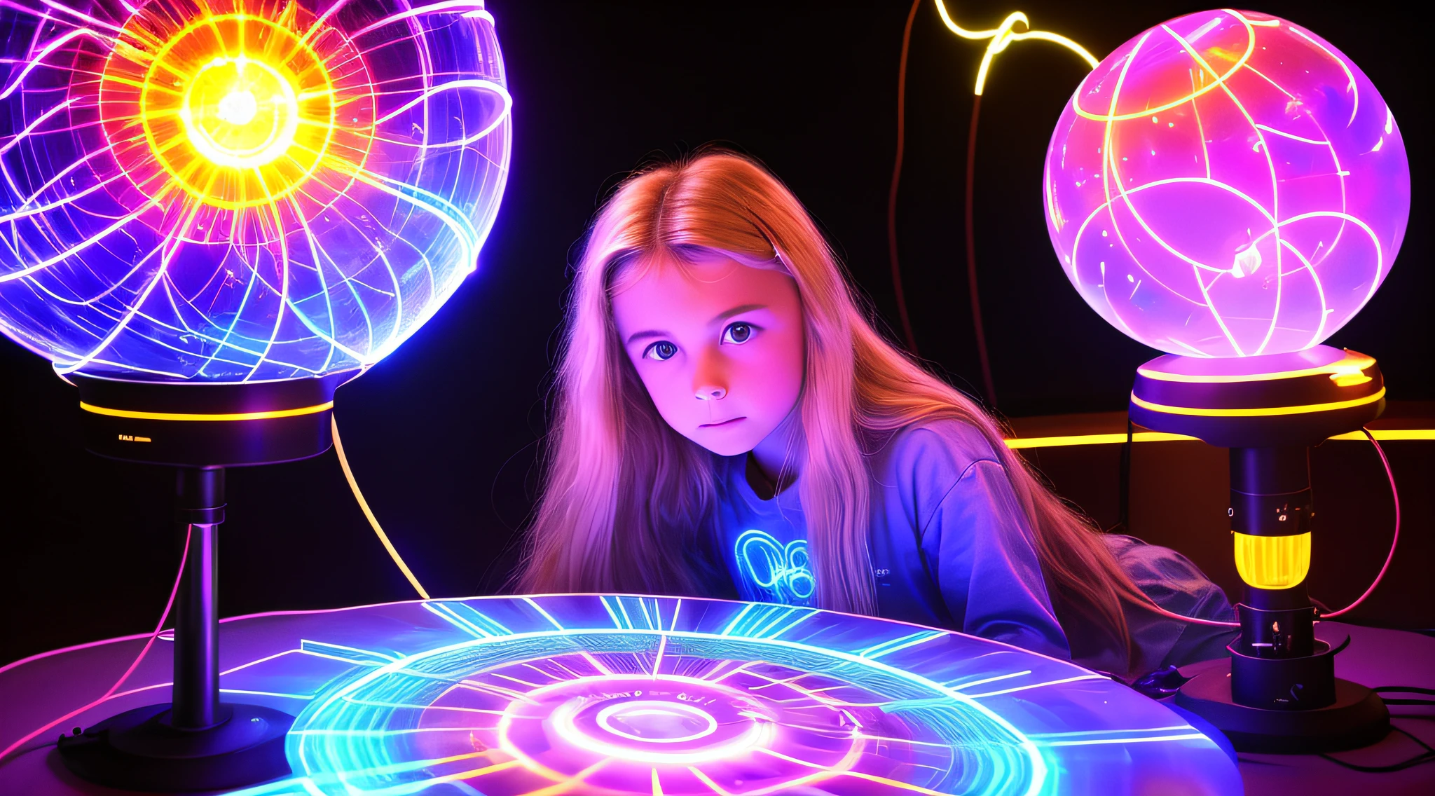 14-YEAR-OLD CHILD GIRL WITH LONG BLONDE HAIR, A closeup of a plasma ball on a table in a room, plasma globe, aura of electricity, tesla coil, inner glow of plasma neon, bright magical time portal, spinning plasma, glowing sphere, holographic projection, a large sphere of red energy, explosion of neon lights, with electric arc device, ray arc plasma, energy spheres, extremely beautiful lighting