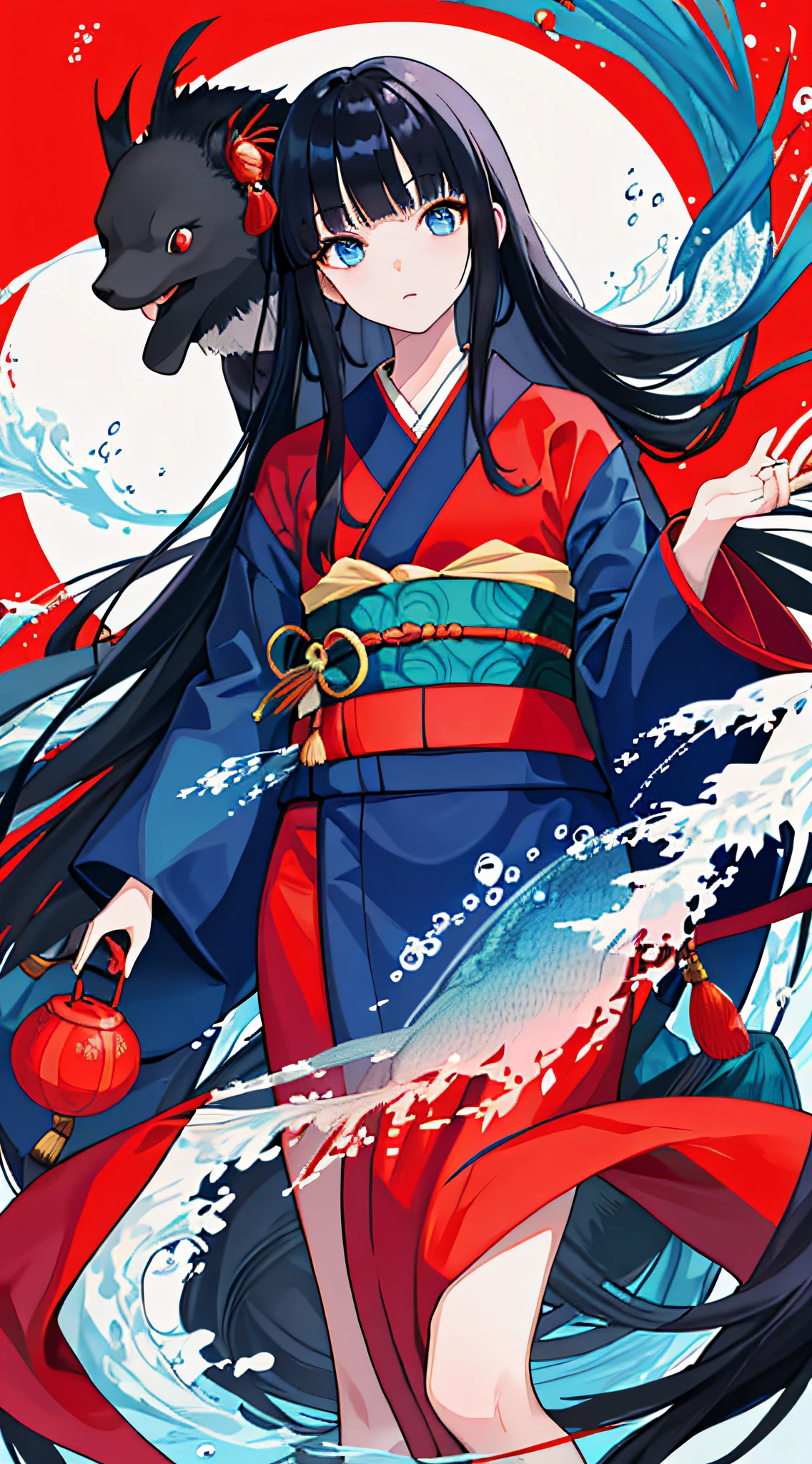 1girl, long hair, black hair, fish, blue eyes, kimono, japanese clothes, solo, red kimono, very long hair, looking at viewer, wide sleeves, bubble, long sleeves, parted bangs, standing, holding, bangs, animal, air bubble, water