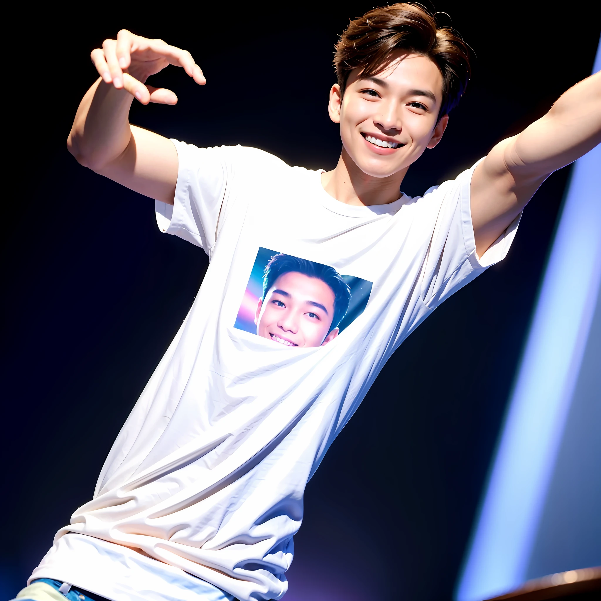 Top Quality, Ultra High Definition, (Photorealistic: 1.4), Masterpiece, Solo 1:5, (1 Boy: 1.4), Smile, White Teeth, Standing, White T-Shirt, Pose, Look Viewer, Face Focus, K-pop Idol