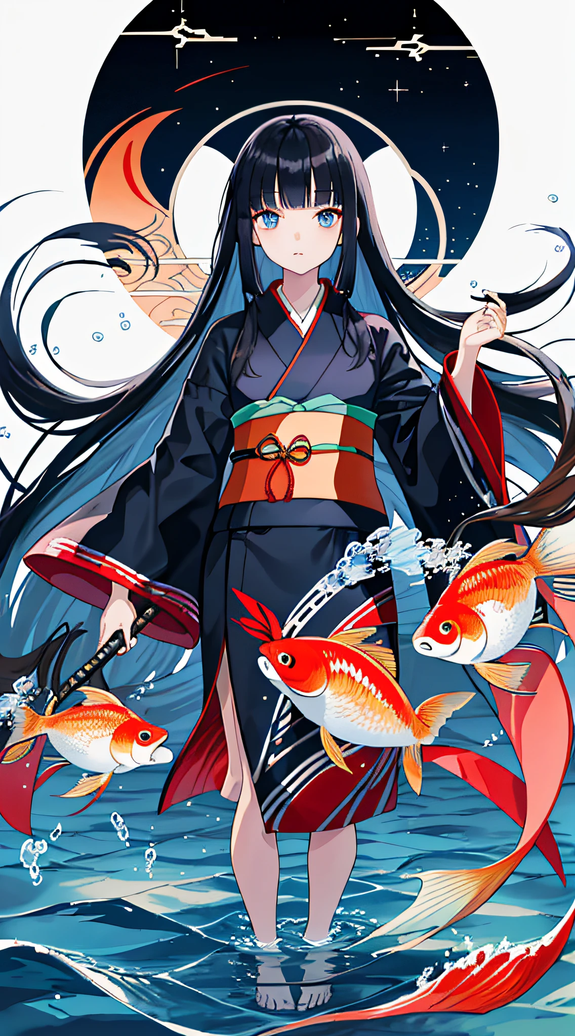 1girl, long hair, black hair, fish, blue eyes, kimono, japanese clothes, solo, red kimono, very long hair, looking at viewer, wide sleeves, bubble, long sleeves, parted bangs, standing, holding, bangs, animal, air bubble, water