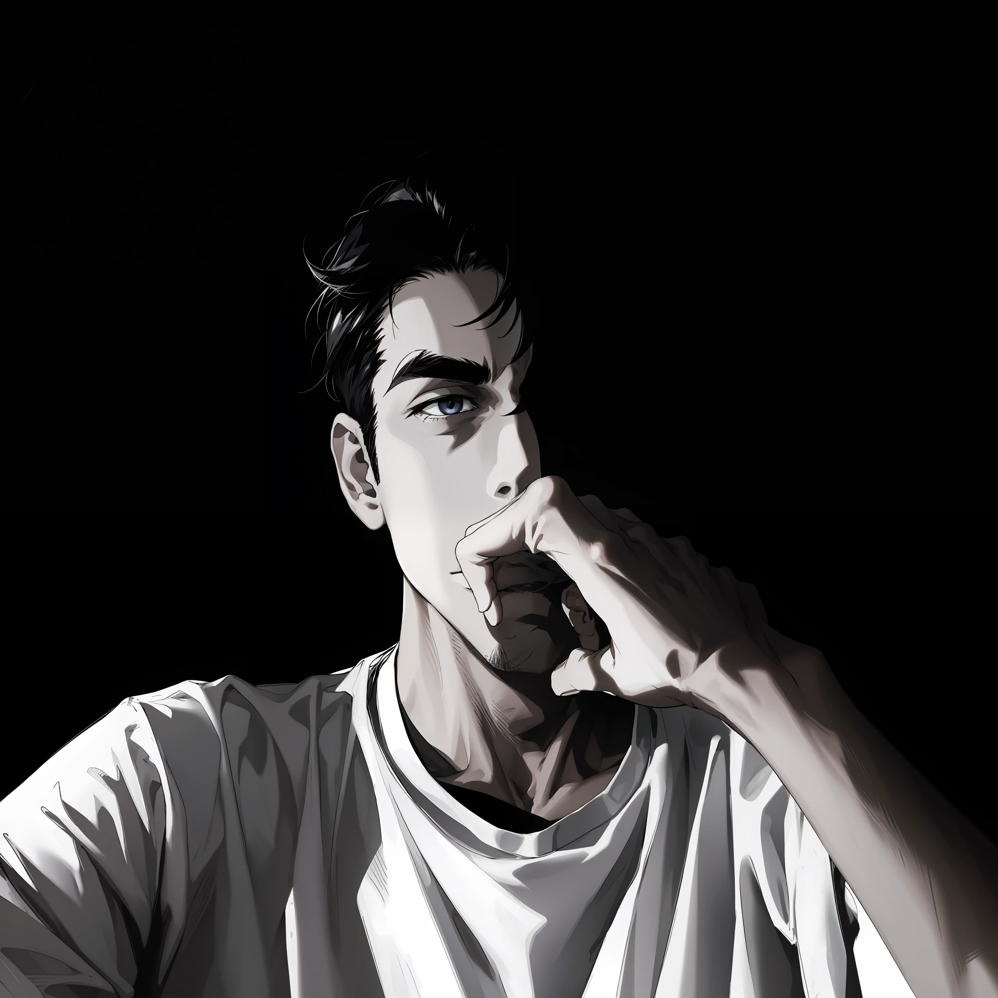 (absurdres, highres, ultra detailed), (1 male, solo, young guy, handsome), anime, anime style, stylish hair, detailed hair, black hair, dark eyes, detailed eyes, hand on mouth, hand covering mouth, (angular jaw:1.4, thick neck:1.4, thick eyebrows:1.4), BREAK, night, dark, dark background, black and white, white t-shirt, BREAK, upper body, detailed