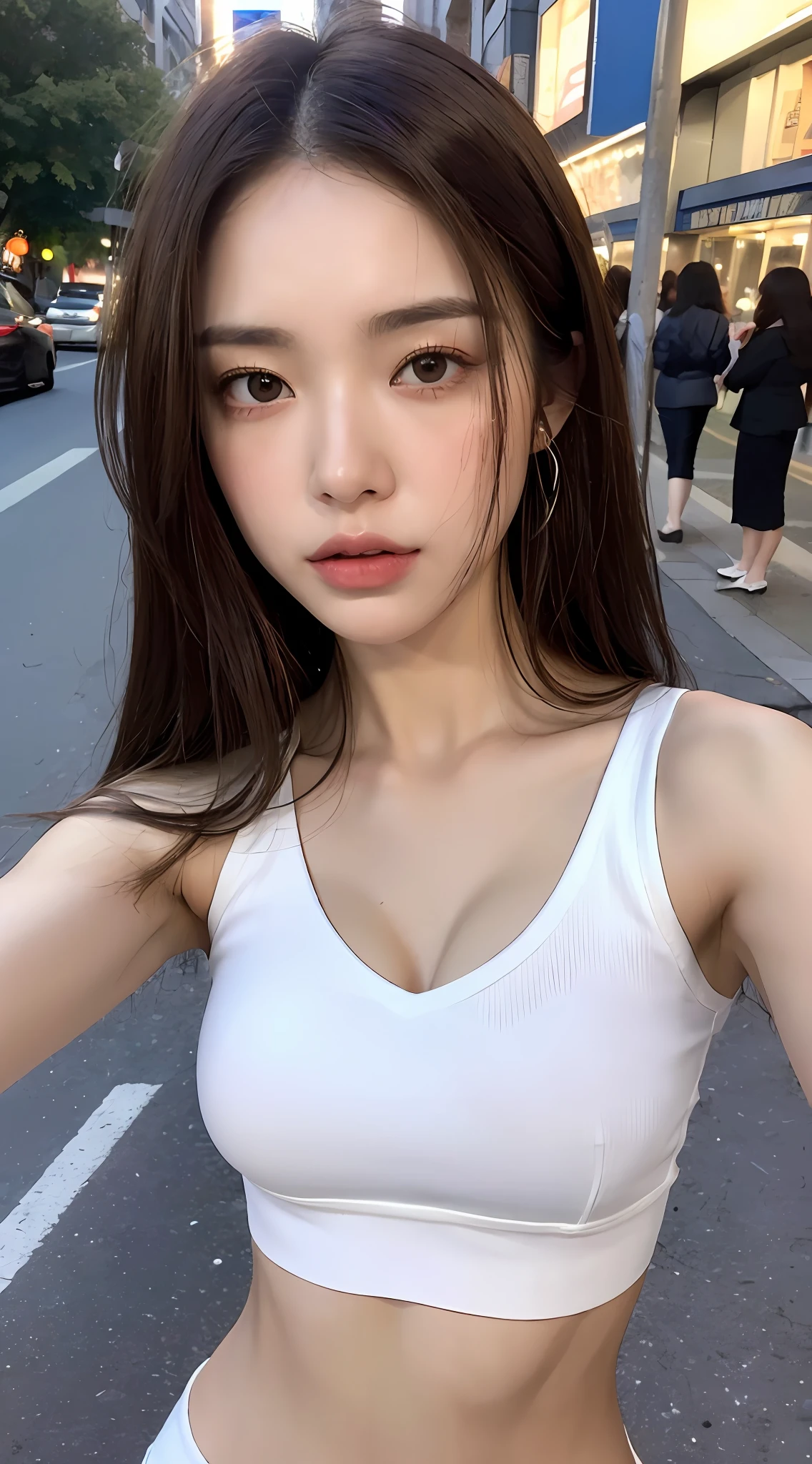 ((Realistic lighting, Best quality, 8K, Masterpiece: 1.3)), Clear focus: 1.2, 1girl, Perfect Figure: 1.4, Slim Abs: 1.1, ((Dark brown hair)), (White crop top: 1.4), (Outdoor, Night: 1.1), City streets, Super fine face, Fine eyes, Double eyelids,