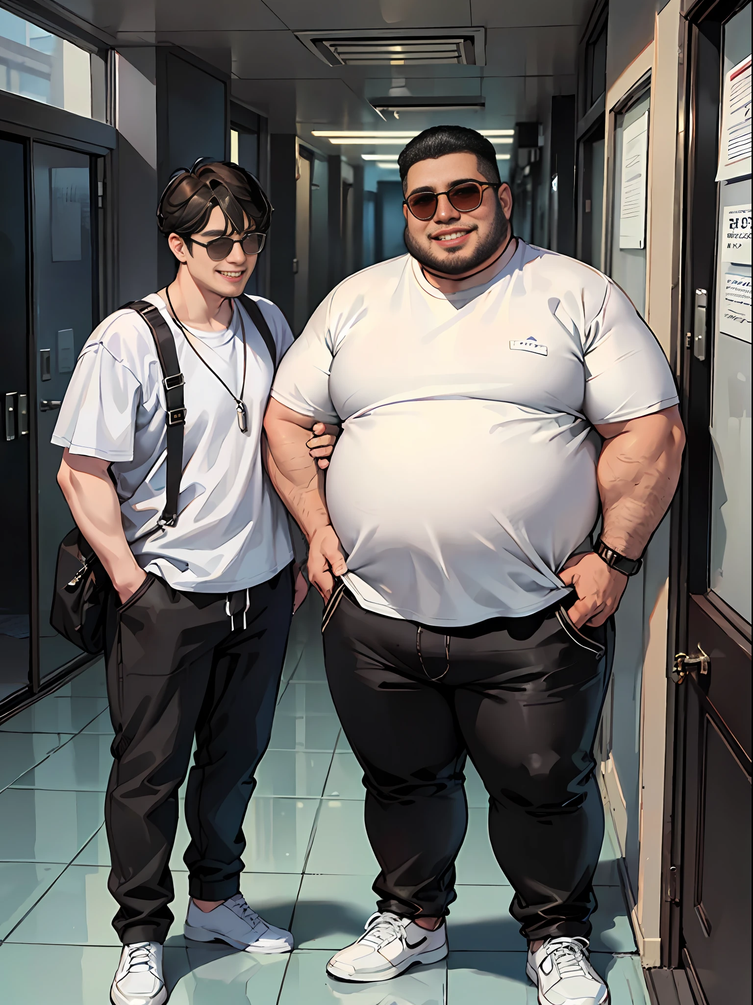 (A thin man with short black hair in a sunglasses and a white T-shirt, and another slightly overweight man standing at the door of the dormitory building, smiling happily: 1.9) (Stylish and cool appearance of a man in sunglasses: 1.8) (Friendly and happy expression on the face of a slightly overweight man: 1.7) (Warm and convivial atmosphere between two people: 1.8) (Positive and seductive atmosphere at the entrance of the building: 1.7)