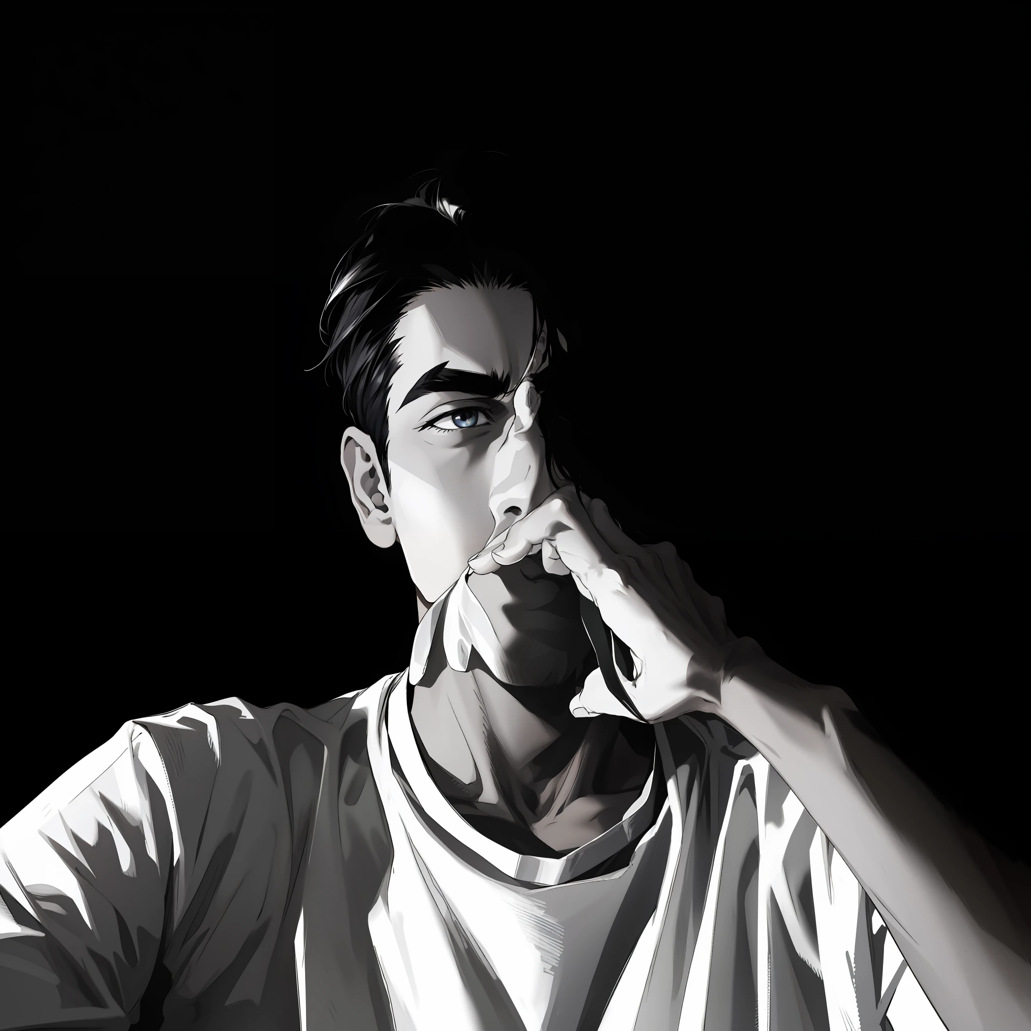 (absurdres, highres, ultra detailed), (1 male, solo, young guy, handsome), anime, anime style, stylish hair, detailed hair, black hair, dark eyes, detailed eyes, hand on mouth, hand covering mouth, (angular jaw:1.4, thick neck:1.4, thick eyebrows:1.4), BREAK, night, dark, dark background, black and white, white t-shirt, BREAK, upper body, detailed