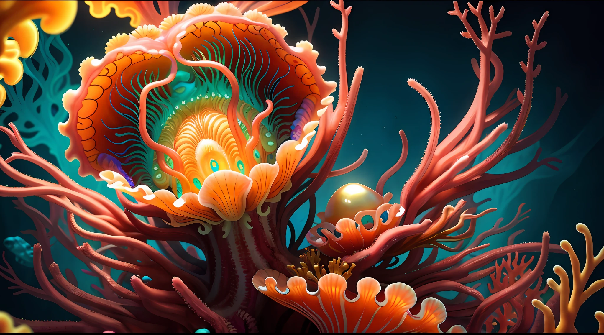 Colorful, master composition, focus on key figures, realism, masterpiece, award-winning, best quality, masterpiece, ultra-detailed, 8K, extremely detailed CG Unity 8k wallpaper, complex, highly detailed, realistic, "under water, intricate details, macro shot glowing jellyfish girl, coral, light bulb, brightness, (neutral color: 1.2), ultra-detailed, cinematic, complex background, huge ocean twisted Mandelbrot fractal shell, golden pearl nacre, hyper detail, ArtStation, Octane Renderer, (Color Acne: 1.3)",