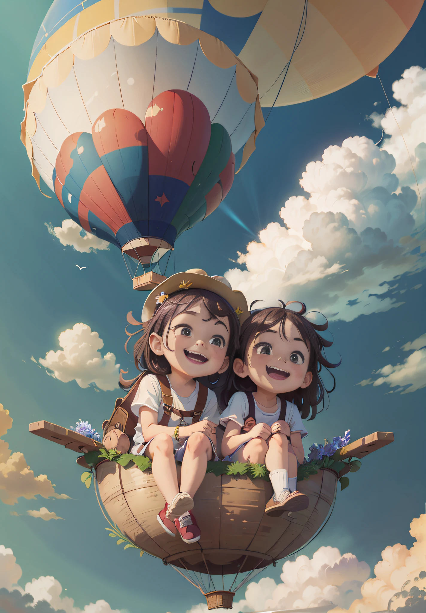 (Masterpiece, best quality) Two children sitting in a hot air balloon flying in the sky, smiling, fine facial features, sun, clean blue sky and white clouds, rainbow, meadow, summer -V6