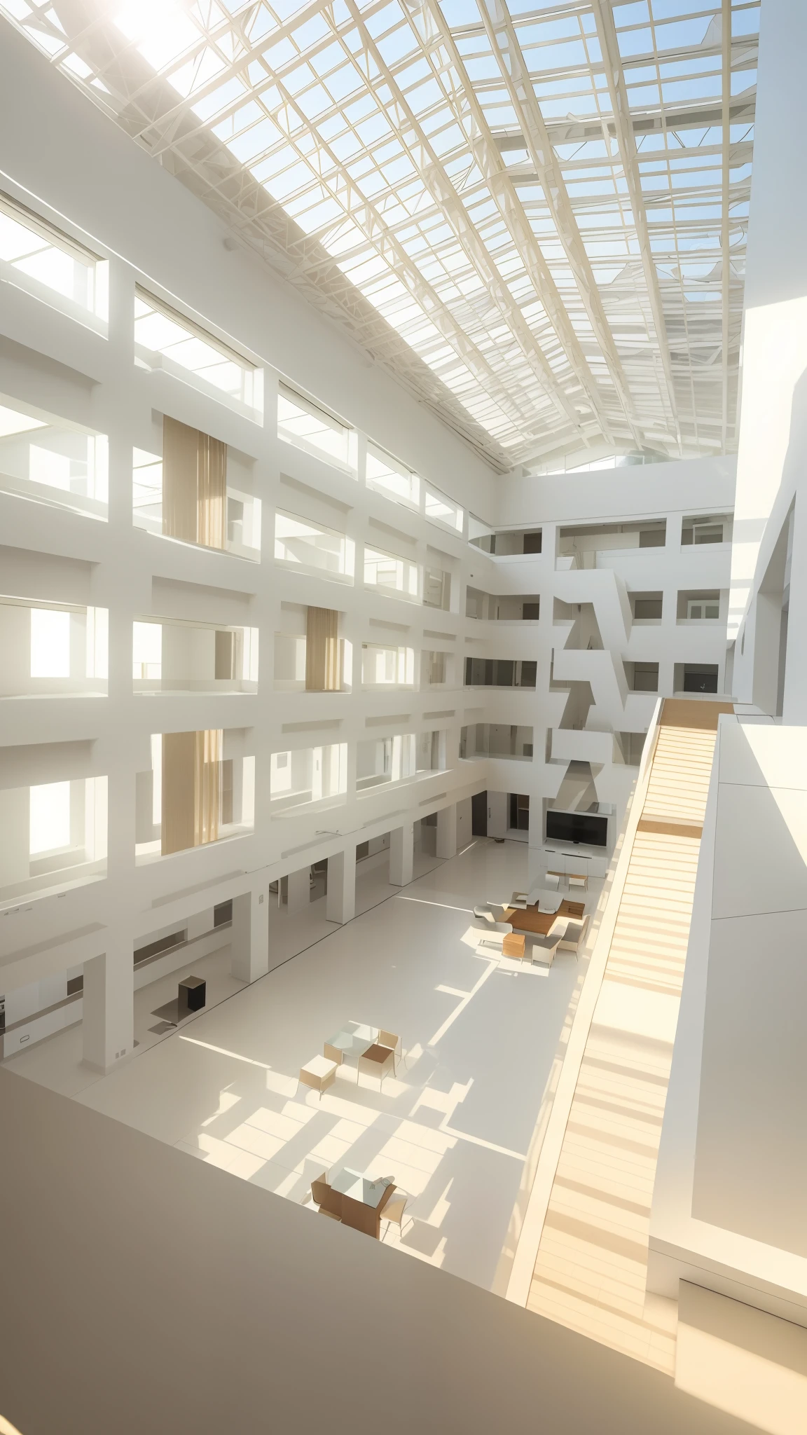 Breathtaking, 8K, highest image quality, predominantly white walls, high-end, reflective, sunlight coming in from outside,