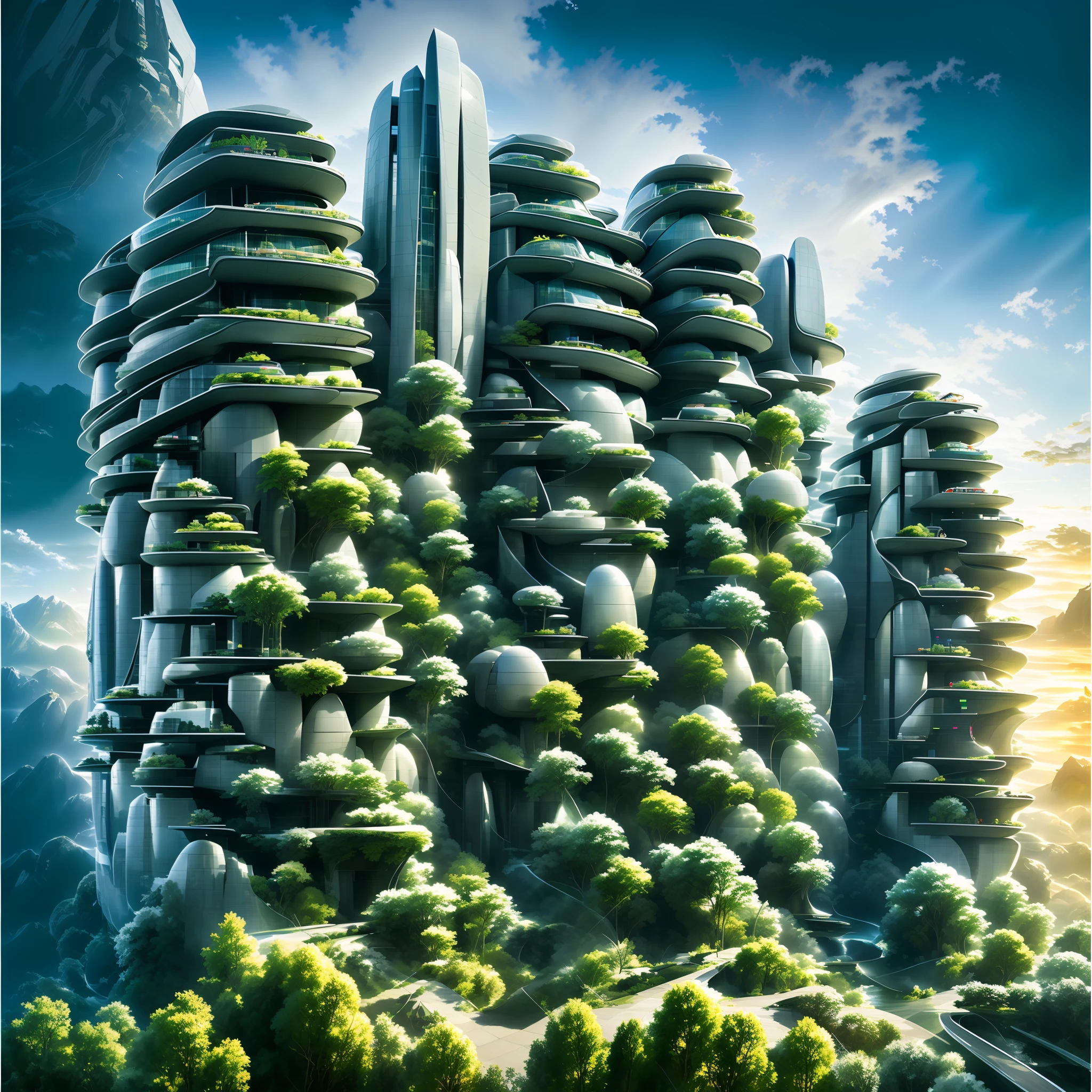 Futuristic design of an awesome sunny  day environment concept art on a futuristic forest terrain with huge waterfalls,streams,sacred grooves, nature architecture, proportional,detailed, blueprint,bright clouds, nature meets futuristic architecture by Santiago Calatrava and Vincent Callebaut  with Wes Anderson village,residential area, futuristic development, high rise made up staircases, balconies, full of composite glass facades, residential spaces carved from cliff side ,trending on artstation, beautiful lighting,In the style of Andreas Achenbach and Norman Ackroyd masterpiece, fantasy, intricate, award winning, 4k, highest quality render