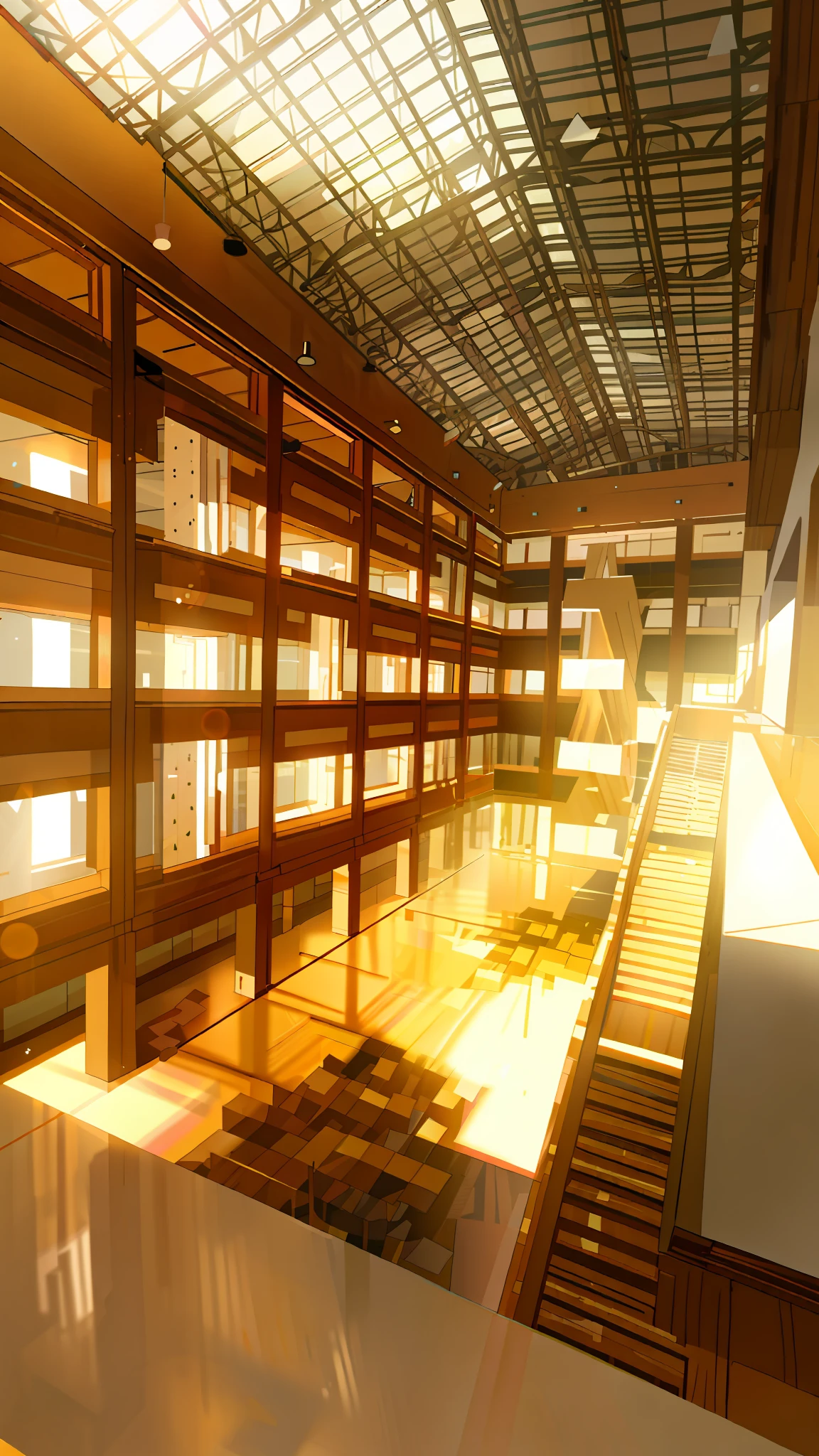 Breathtaking, 8k, highest quality, strong white, brown floor high-end, reflective, sunlight coming in from outside, halo, highest quality, wallpaper