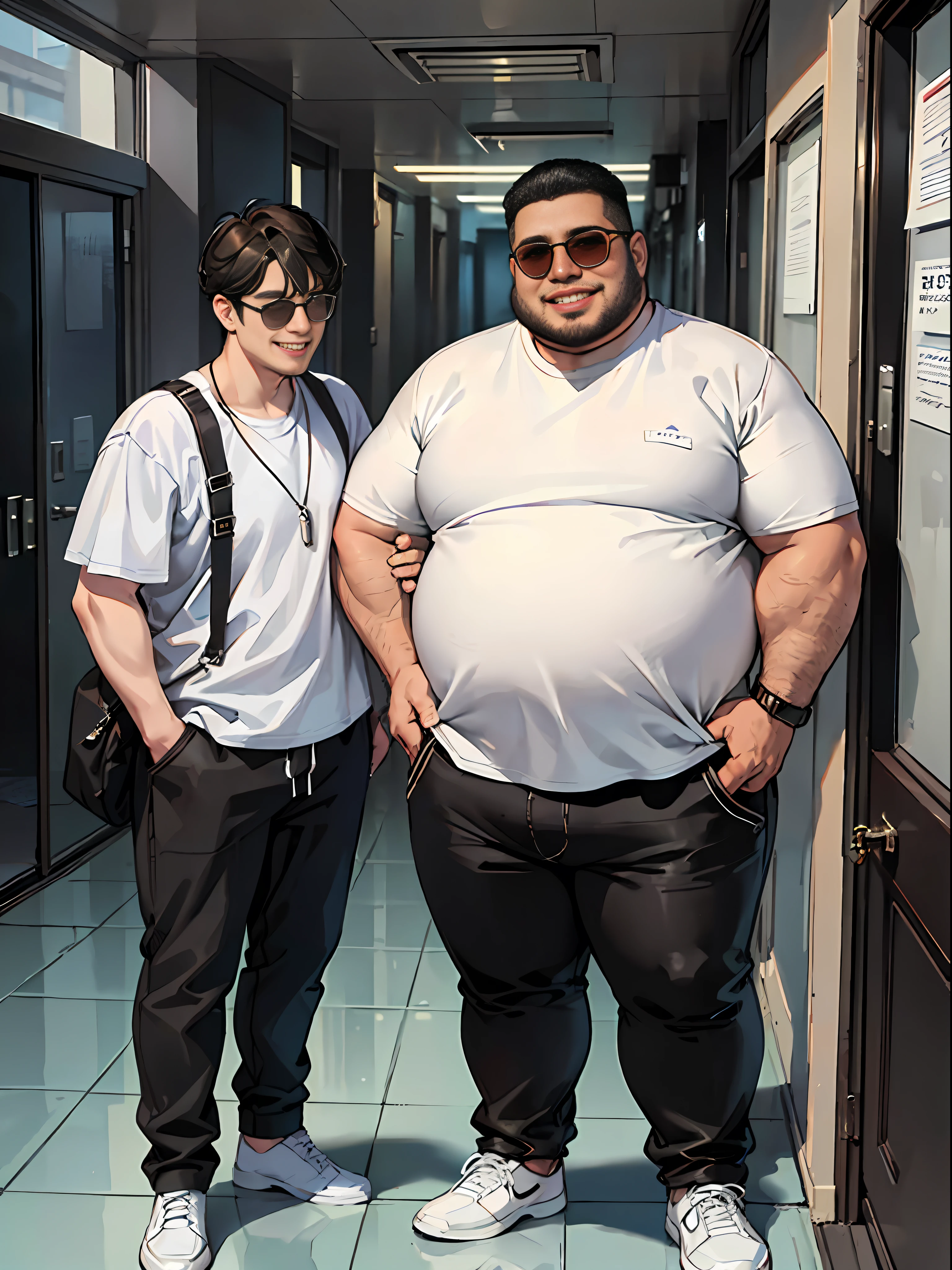 (A thin man with short black hair in a sunglasses and a white T-shirt, and another slightly overweight man standing at the door of the dormitory building, smiling happily: 1.9) (Stylish and cool appearance of a man in sunglasses: 1.8) (Friendly and happy expression on the face of a slightly overweight man: 1.7) (Warm and convivial atmosphere between two people: 1.8) (Positive and seductive atmosphere at the entrance of the building: 1.7)