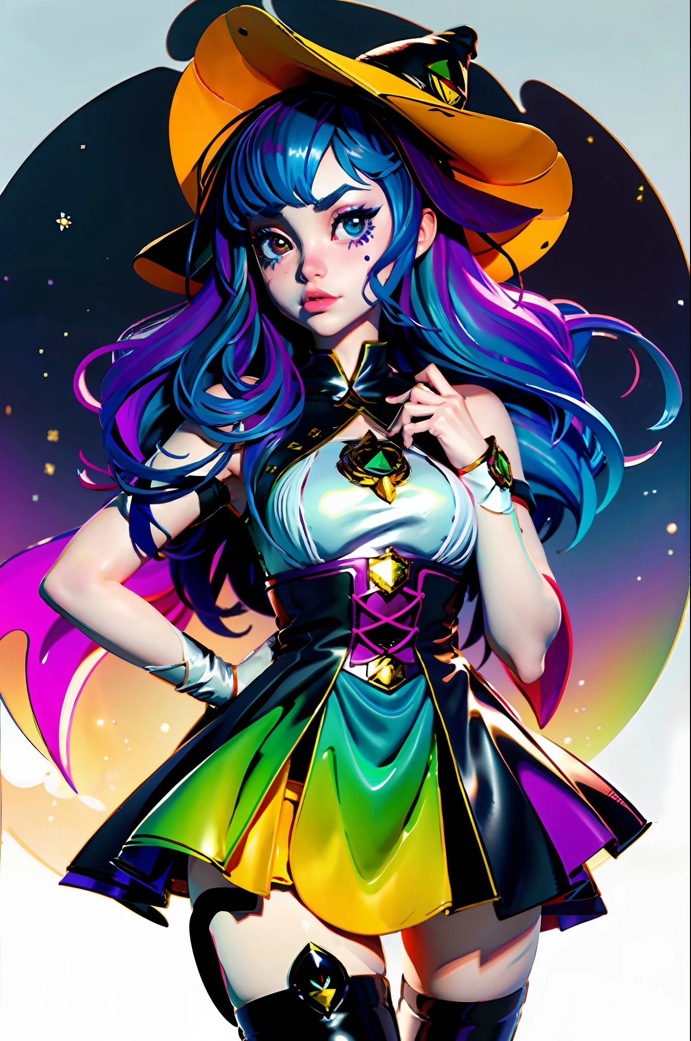 Witch Girl, Halloween Pumpkin, colorful hair, innocent, shy, Anime girl with colorful hair and a colorful dress, RossDraw vibrant pastel, vibrant RossDraw Cartoon, 4K anime style, cute anime portrait, colorful Artgerm!!, ! dream artgerm, beautiful anime girl, anime style digital art, anime art 4k wallpaper, anime art 4k wallpaper, anime digital art, extremely detailed artsolo, 1girl, cinematic lighting, detailed background, beautiful detailed eyes, bright pupils, (an extremely delicate and beautiful), (beautiful and detailed eye description), ultra-detailed, masterpiece,)),