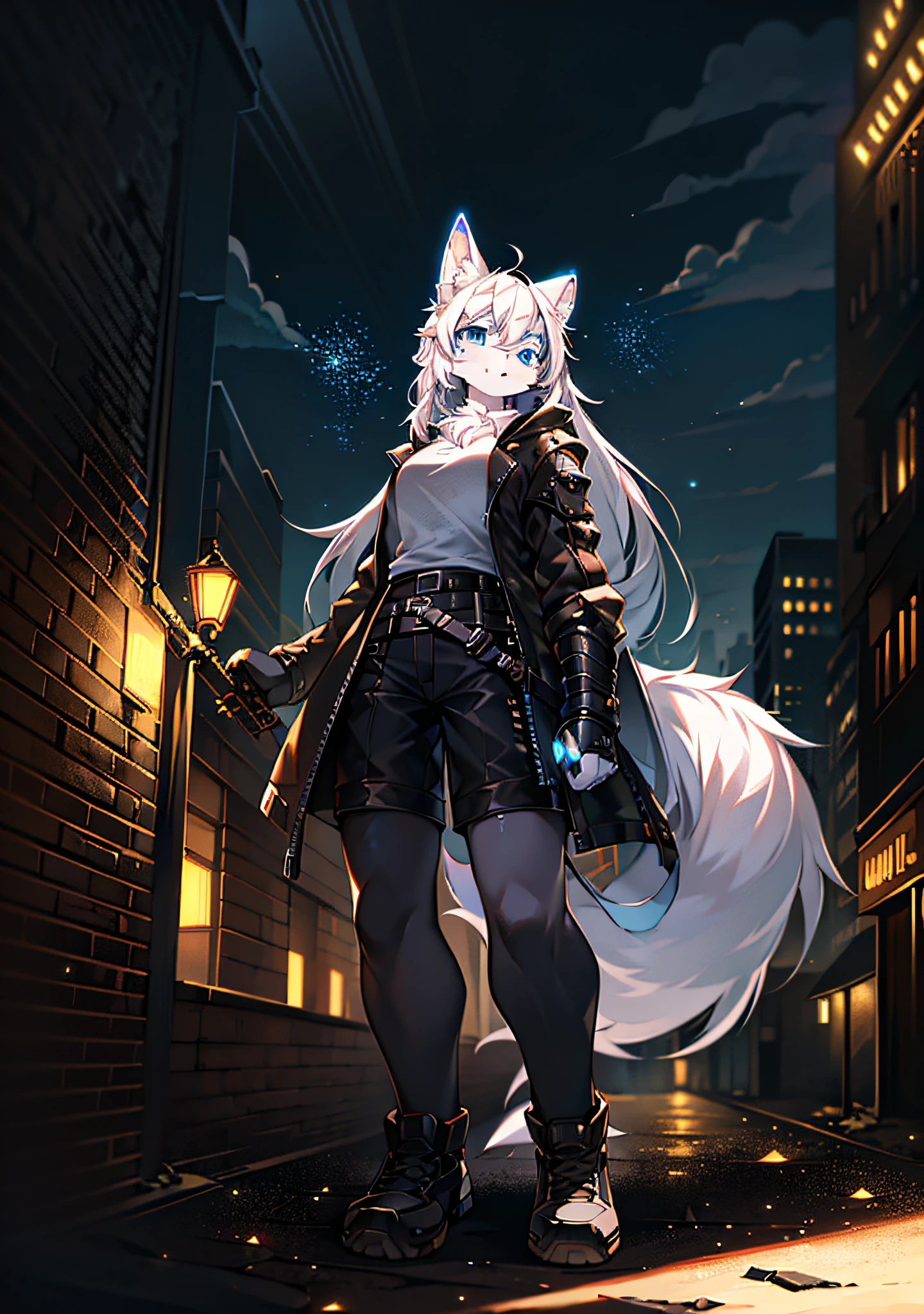 ((Best Quality)), ((Masterpiece)), (detailed), Bright Eyes, Panorama, Solo, Furry, Furry Female, Female Focus, Anthr, (Full Body Fur, Fluffy Tail, White Fur, Blue Eyes, White Hair: 1.2), Long Hair, Youth, Clouds, Sky, Sky, Moon, On Cloudy Days, No Spots, Wolf Type, Humanoid, Wind, Full Shot, Gray-Black Trench Coat, Black Shorts, White Shirt, Wolf Ears, Wolf Tail, Standard with Sword, Gloomy Face, Sideways, Sideways, Wind Magic, Lights on Armor, Cybernetic Headgear, Dynamic Pose, Post-apocalypse, Destroyed City Background, Buildings on Fire, Fantasy Fiction, HDR, Ray Tracing, NVIDIA RTX, Super Resolution, Unreal 5, Subsurface Scattering, PBR Textures, Post Processing, Anisotropic Filtering, Depth of Field, Maximum Clarity and Acutance, Rule of Thirds, 8K Original, (Glow Particles: 1.4), (Very Detailed CG, Unity 8K Wallpaper, 3D, Cinematic Lighting, Lens Vires), reflections, sharp focus, post-punk art, post-punk architecture,