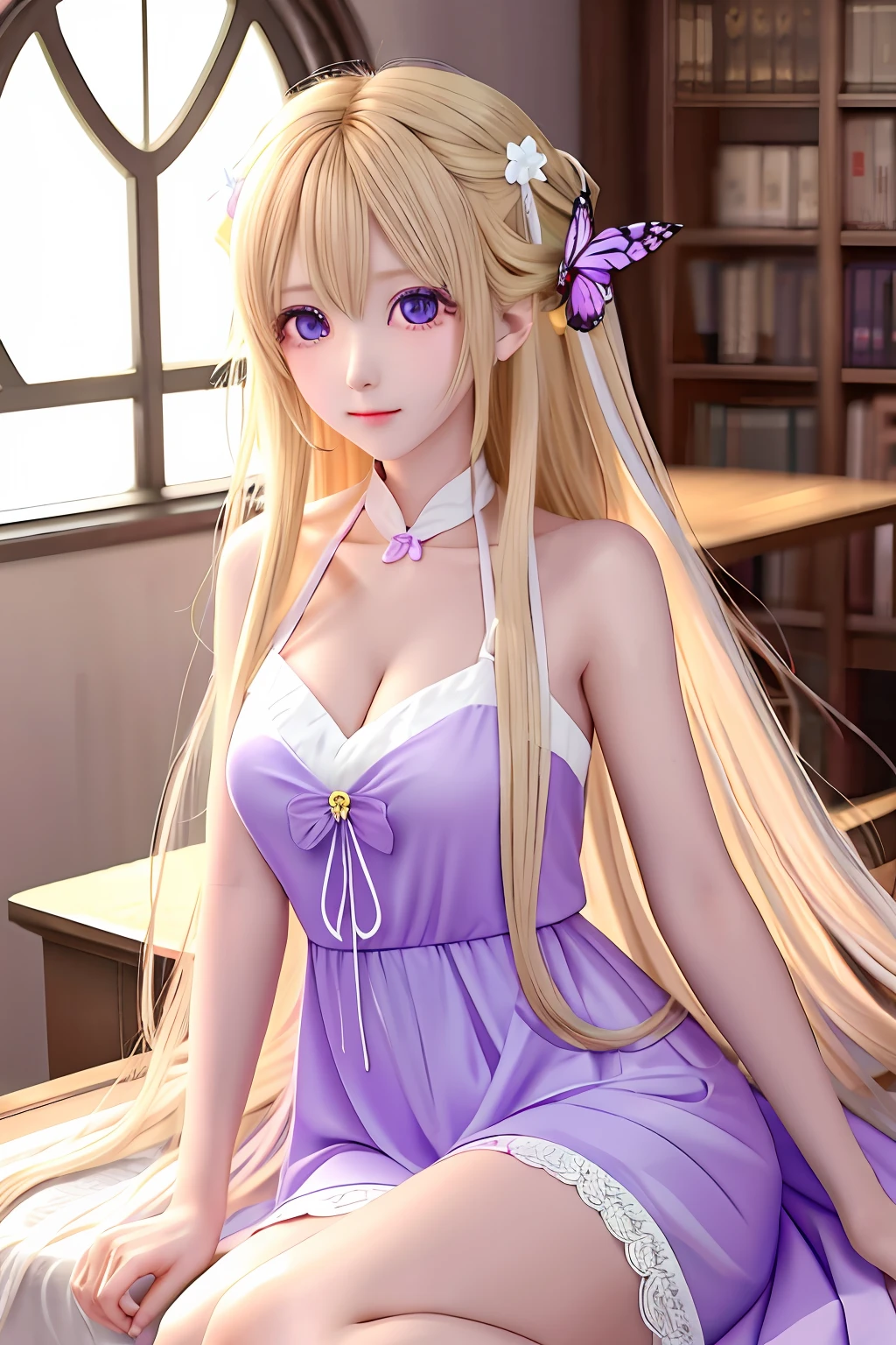 Long haired blonde anime girl with purple eyes and a butterfly hairpin in a white sundress