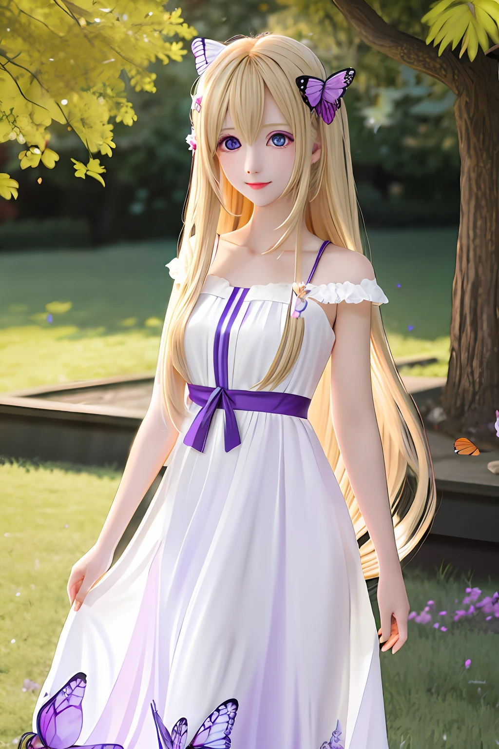 Long haired blonde anime girl with purple eyes and a butterfly hairpin in a white sundress