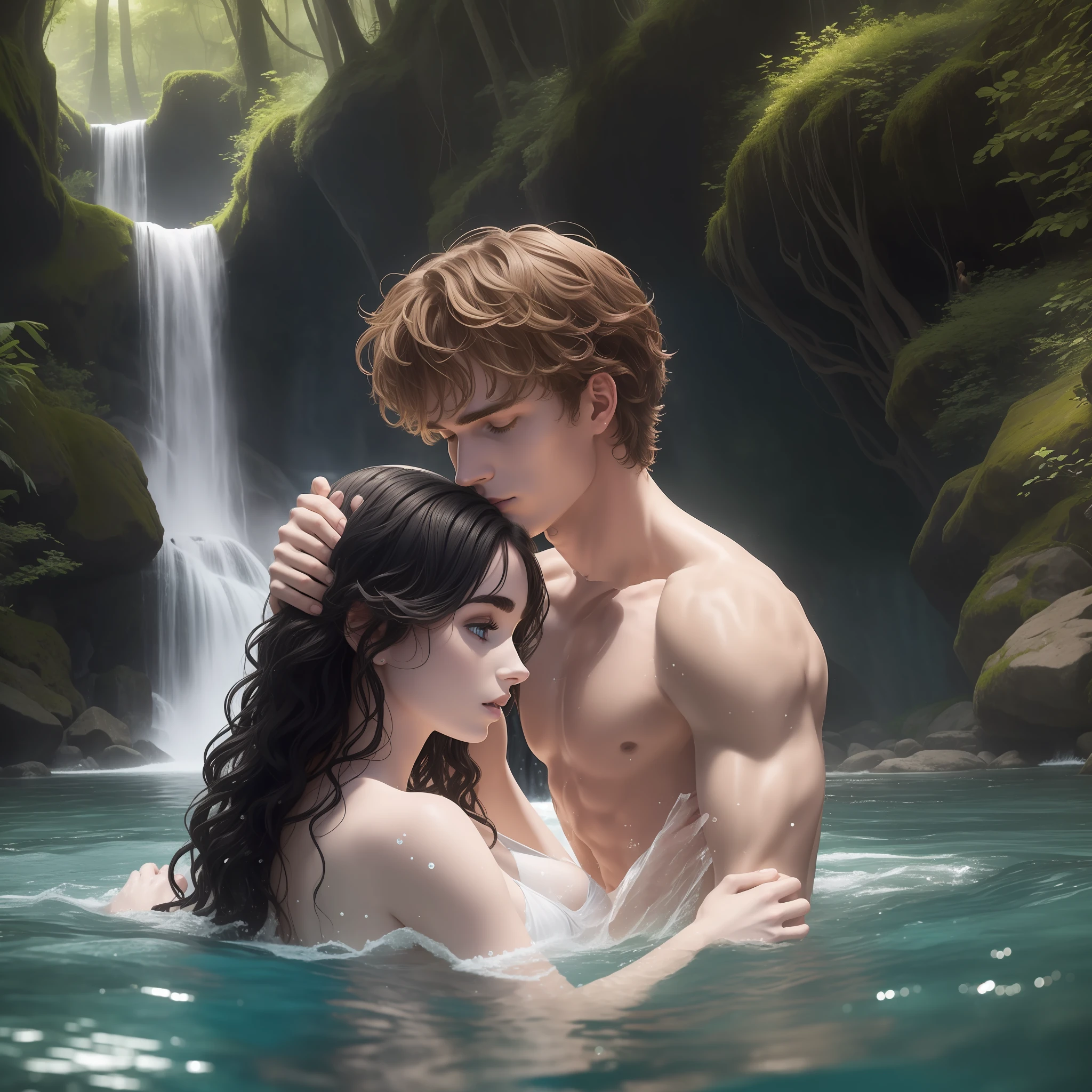 A couple taking a river bath together, half the body submerged; the woman is Lily Collins with black curly hair, simple medieval white dress; and the man is Neels Visser blond-haired, shirtless; The two are swimming together in a river with waterfall and water is crystal clear, has a forest, with fish swimming extraordinary and detailed image.
