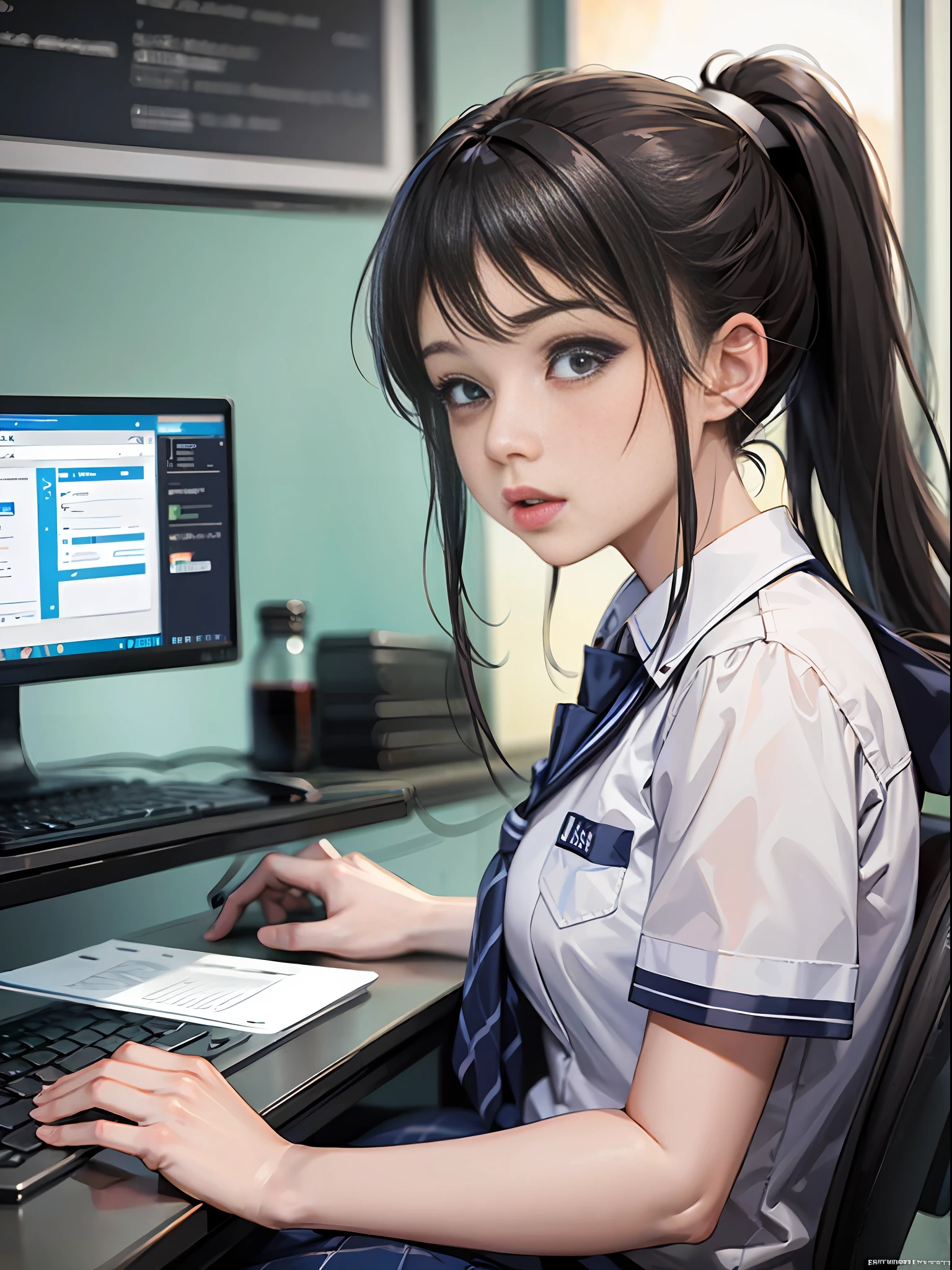 A schoolgirl with a double ponytail, sitting in front of a computer on a big screen.