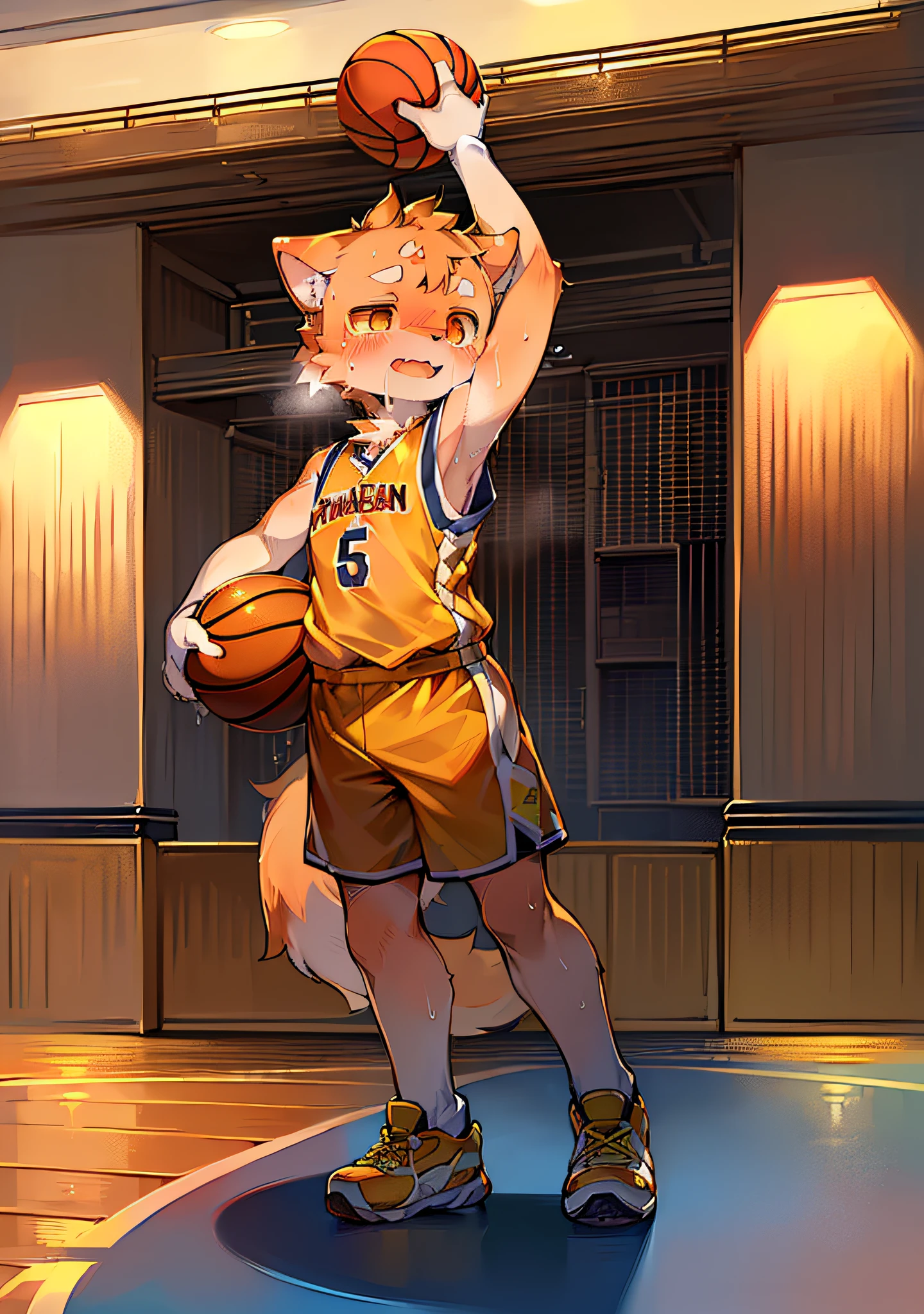 Masterpiece, high quality, absurd resolution, digital painting \ (artwork \), dagasi, yupa, kiyosan, (fluffy fur: 1.1), (brightness: 0.8), anthro male cat. (orange eyes, green fur, full body fur, cat nose: 1.2), bright eyes, panorama, character focus. Detailed background, (yellow basketball jersey, sweating, dribbling, playing basketball: 1.2), (indoor, basketball court: 1.2)