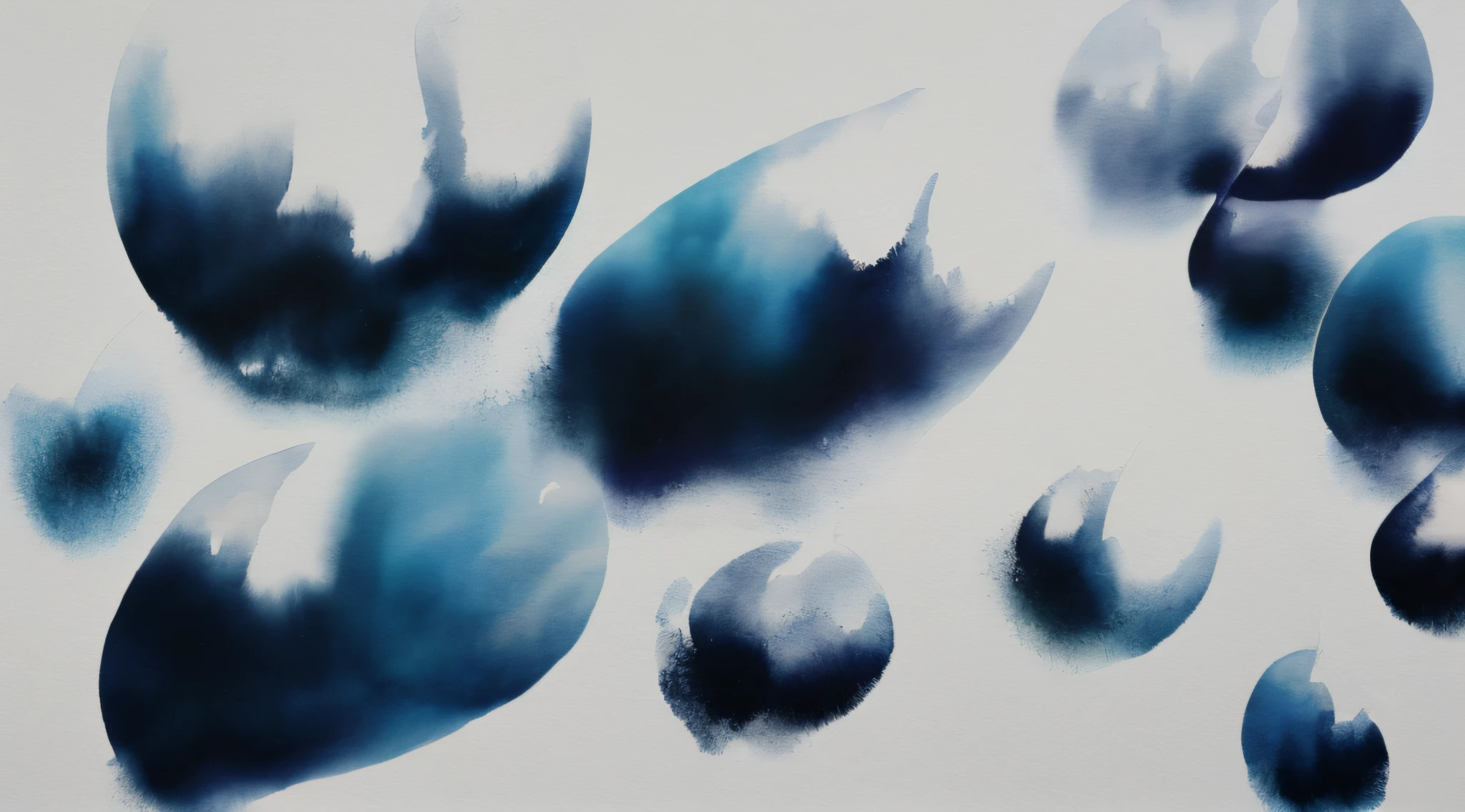 Some drops of ink painting on a white textured canvas: abstract shapes, dreamy and ethereal atmosphere, the center of the canvas is white, minimalistic ,
