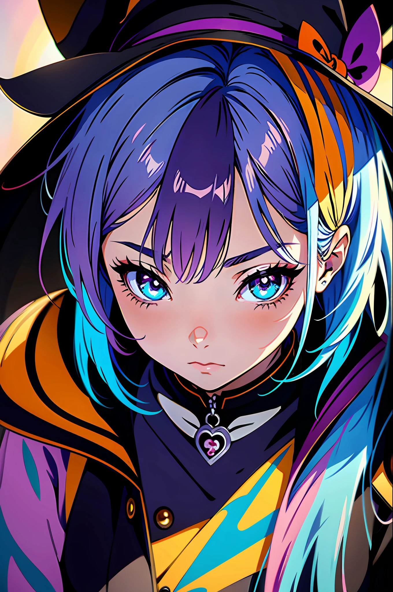 Witch Girl, Halloween Pumpkin, colorful hair, innocent, shy, Anime girl with colorful hair and a colorful dress, RossDraw vibrant pastel, vibrant RossDraw Cartoon, 4K anime style, cute anime portrait, colorful Artgerm!!, ! dream artgerm, beautiful anime girl, anime style digital art, anime art 4k wallpaper, anime art 4k wallpaper, anime digital art, extremely detailed artsolo, 1girl, cinematic lighting, detailed background, beautiful detailed eyes, bright pupils, (an extremely delicate and beautiful), (beautiful and detailed eye description), ultra-detailed, masterpiece,)),