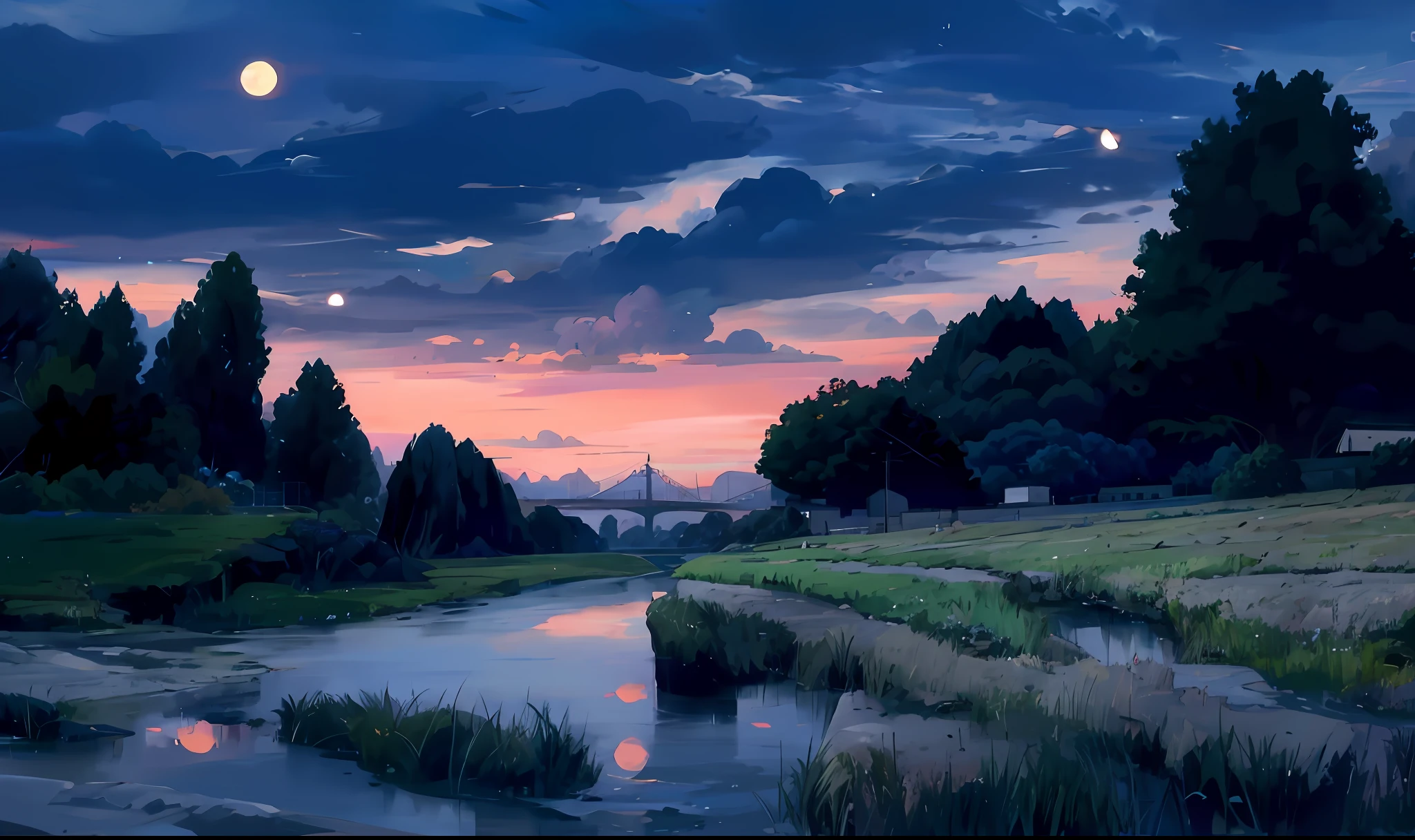 painting of a river with a bridge and a bridge in the distance, anime countryside landscape, anime landscape, anime landscape wallpaper, twilight ; digital painting, anime scenery, beautiful anime scenery, beautiful anime scene, inspired by Makoto Shinkai, anime background art, twilight ; digital oil painting, mokoto shinkai, scenery artwork, style of makoto shinkai
