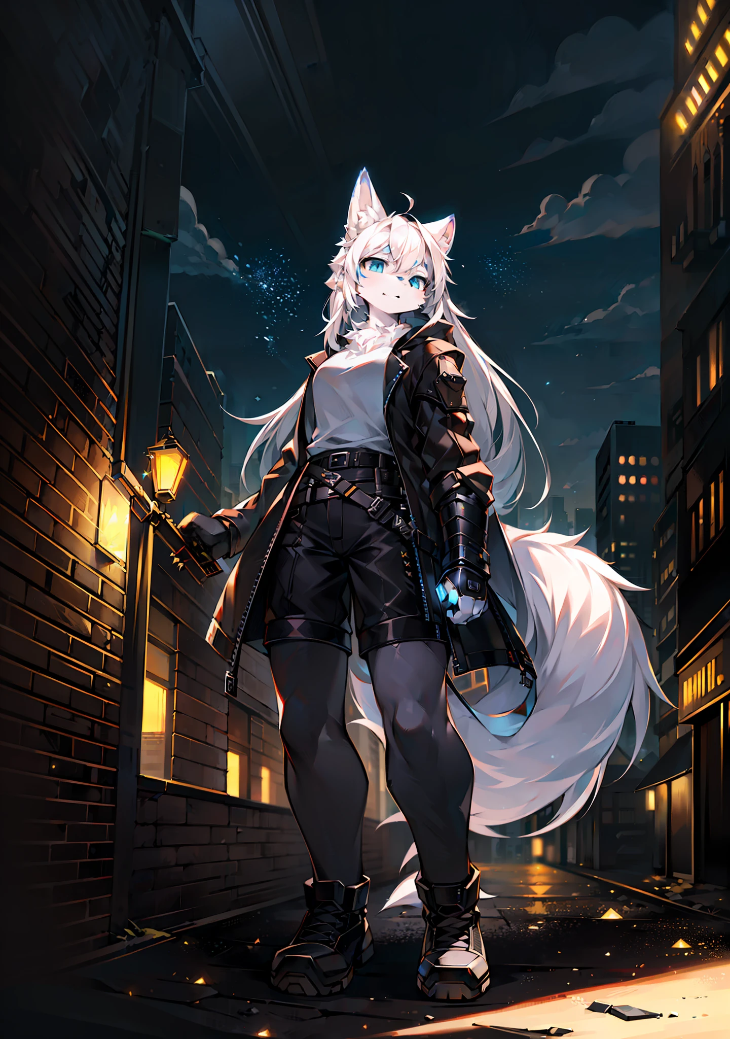 ((Best Quality)), ((Masterpiece)), (detailed), Bright Eyes, Panorama, Solo, Furry, Furry Female, Female Focus, Anthr, (Full Body Fur, Fluffy Tail, White Fur, Blue Eyes, White Hair: 1.2), Long Hair, Youth, Clouds, Sky, Sky, Moon, On Cloudy Days, No Spots, Wolf Type, Humanoid, Wind, Full Shot, Gray-Black Trench Coat, Black Shorts, White Shirt, Wolf Ears, Wolf Tail, Standard with Sword, Gloomy Face, Sideways, Sideways, Wind Magic, Lights on Armor, Cybernetic Headgear, Dynamic Pose, Post-apocalypse, Destroyed City Background, Buildings on Fire, Fantasy Fiction, HDR, Ray Tracing, NVIDIA RTX, Super Resolution, Unreal 5, Subsurface Scattering, PBR Textures, Post Processing, Anisotropic Filtering, Depth of Field, Maximum Clarity and Acutance, Rule of Thirds, 8K Original, (Glow Particles: 1.4), (Very Detailed CG, Unity 8K Wallpaper, 3D, Cinematic Lighting, Lens Vires), reflections, sharp focus, post-punk art, post-punk architecture,