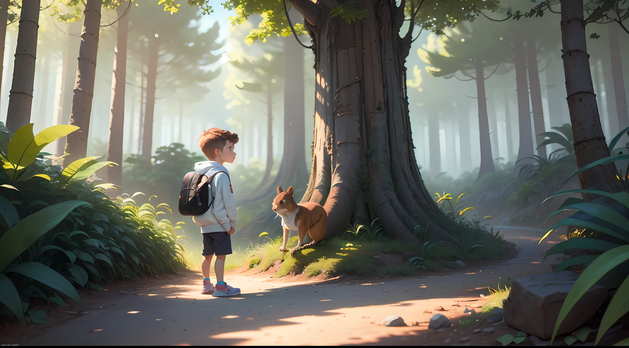 (best quality, masterpiece, ultra-realistic), Masterpiece, best quality, cinematic lighting, beautiful concept art, surrealism, epic scene, 8K, Milo is a , the boy wears shorts, a white hoodie and a brown school bag. Milo started a conversation with a squirrel in an extremely mysterious and magical colorful scene. 1 mysterious jungle