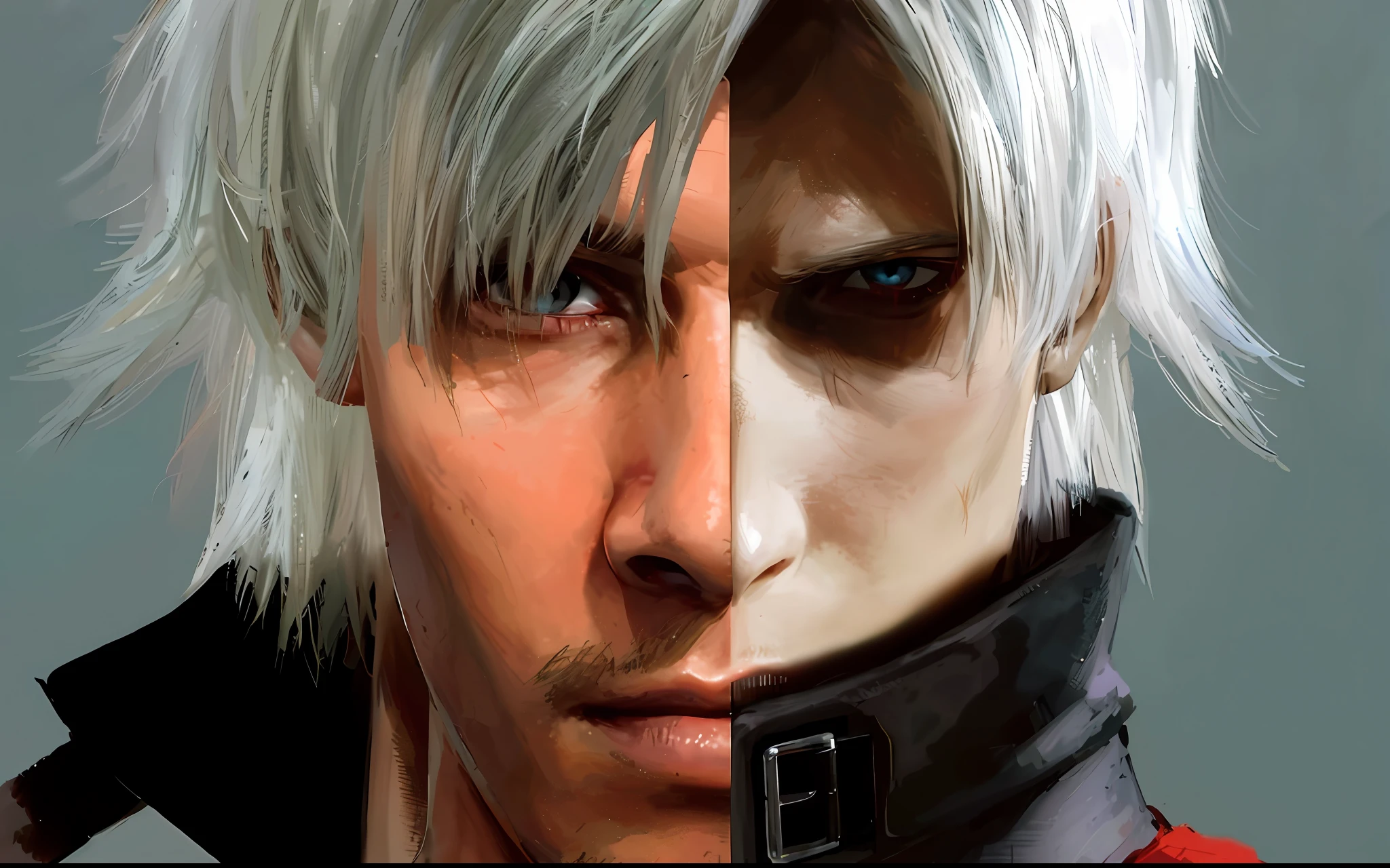 a close up of a person with a white hair and a red shirt, as a character in tekken, devil may cry, son of sparda, thancred waters, dante from devil may cry, dante from devil may cry 2 0 0 1, v from devil may cry as an elf, 2 b, 2b, dante, portrait of thancred
