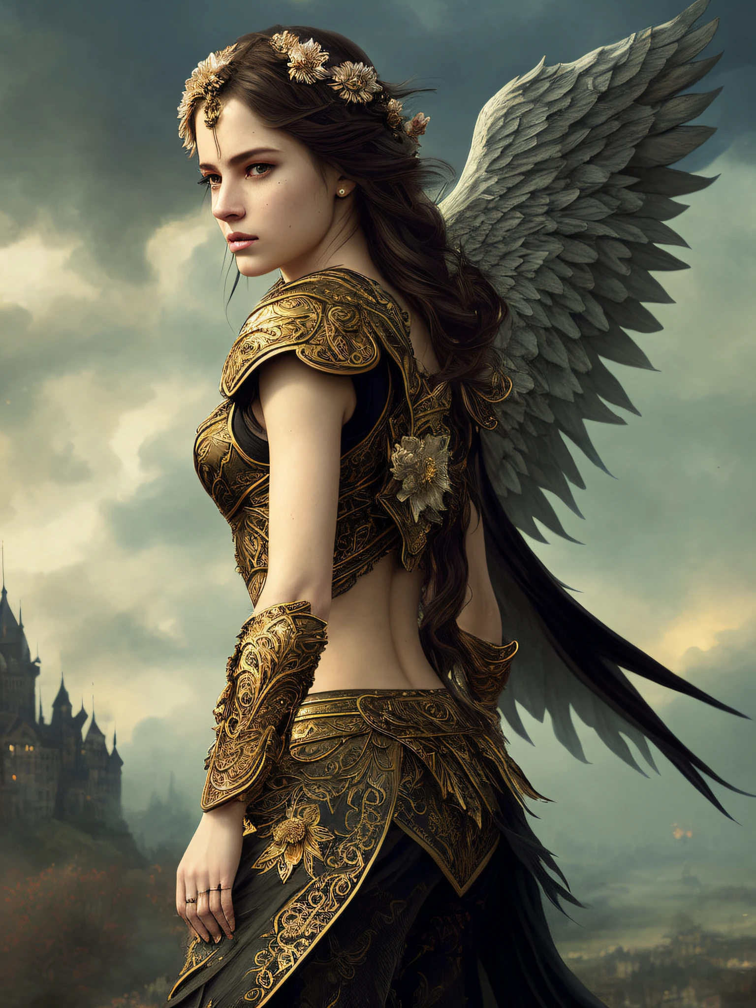 full body:1.6, walking pose, slow motion, (rogue thief:1.2) woman, multi-layered stitched,(dark-gold armor, many detail on armor), (intricately patterned cloth:1.2), (insanely detailed, flowering:1.5), (top quality, Alessandro Casagrande, Greg Rutkowski, Sally Mann, concept art, 4k), (analog:1.2), (high sharpness), (detailed pupils:1.1), (painting:1.1), (digital painting:1.1), detailed face, eyes and body, masterpiece, best quality, (highly detailed photo:1.1), 8k, photorealistic, (long curvy hair, ecstasy:1.1), (young woman:1.1), by jeremy mann, by sandra chevrier, by maciej kuciara, sharp, (perfect body:1.1), realistic, real shadow, 3d, (europe castle background:1.2), (by Michelangelo), angel of death, innocent, eyes, diadem, big angel wings, black clothes, full body, arms behind back, sky, halo, post-apocalypse,