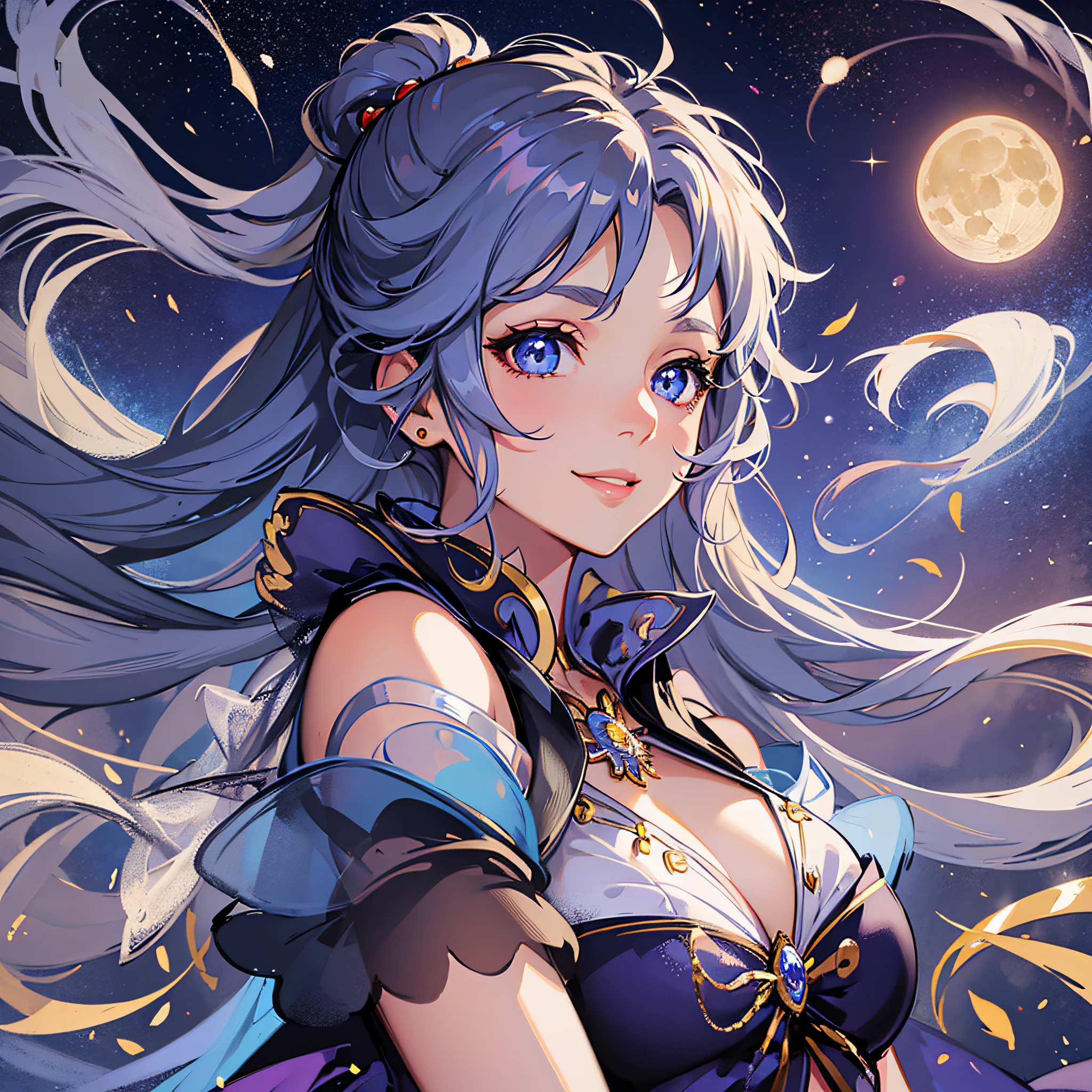 masterpiece, best quality, (1girl), supersailormoon, detailed face, , smile, nigh sky, moonlight, moon, white gloves, cowboy shot, detailed eyes, detailed face