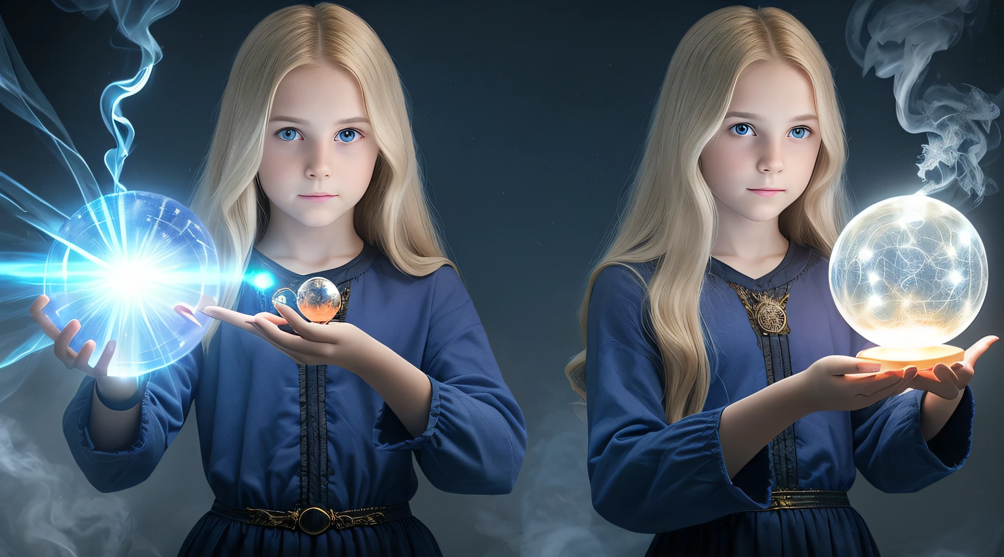 14 YEAR OLD CHILD GIRL WITH LONG BLONDE HAIR, holding a blue ball in her hands with smoke coming out of it, crystal ball, holding a crystal ball, casting a protection spell, holding a glowing orb, spell casting mage, spell casting, the truth orb, casting a powerful spell, holding a glowing orb of dice,  a woman holding an orb, emitting psychic powers, hands holding large glowing orbs