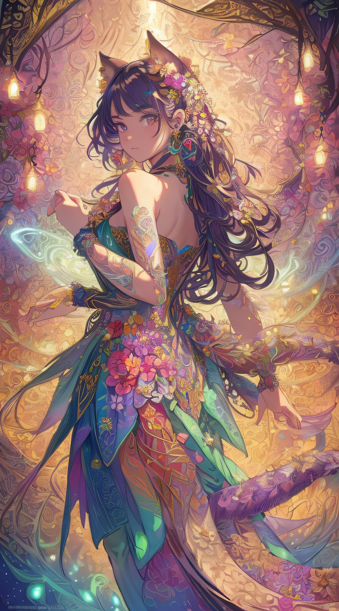 (masterpiece,beautiful and aesthetic:1.2), (1girl:1.3), extremely detailed,(fractal art:1.1),(colorful:1.1)(flowers:1.3),highest detailed,(zentangle:1.2), (dynamic pose), (abstract background:1.3), (shiny skin), (many colors:1.4),(earrings), (tail of light :1.5),ivy frame,