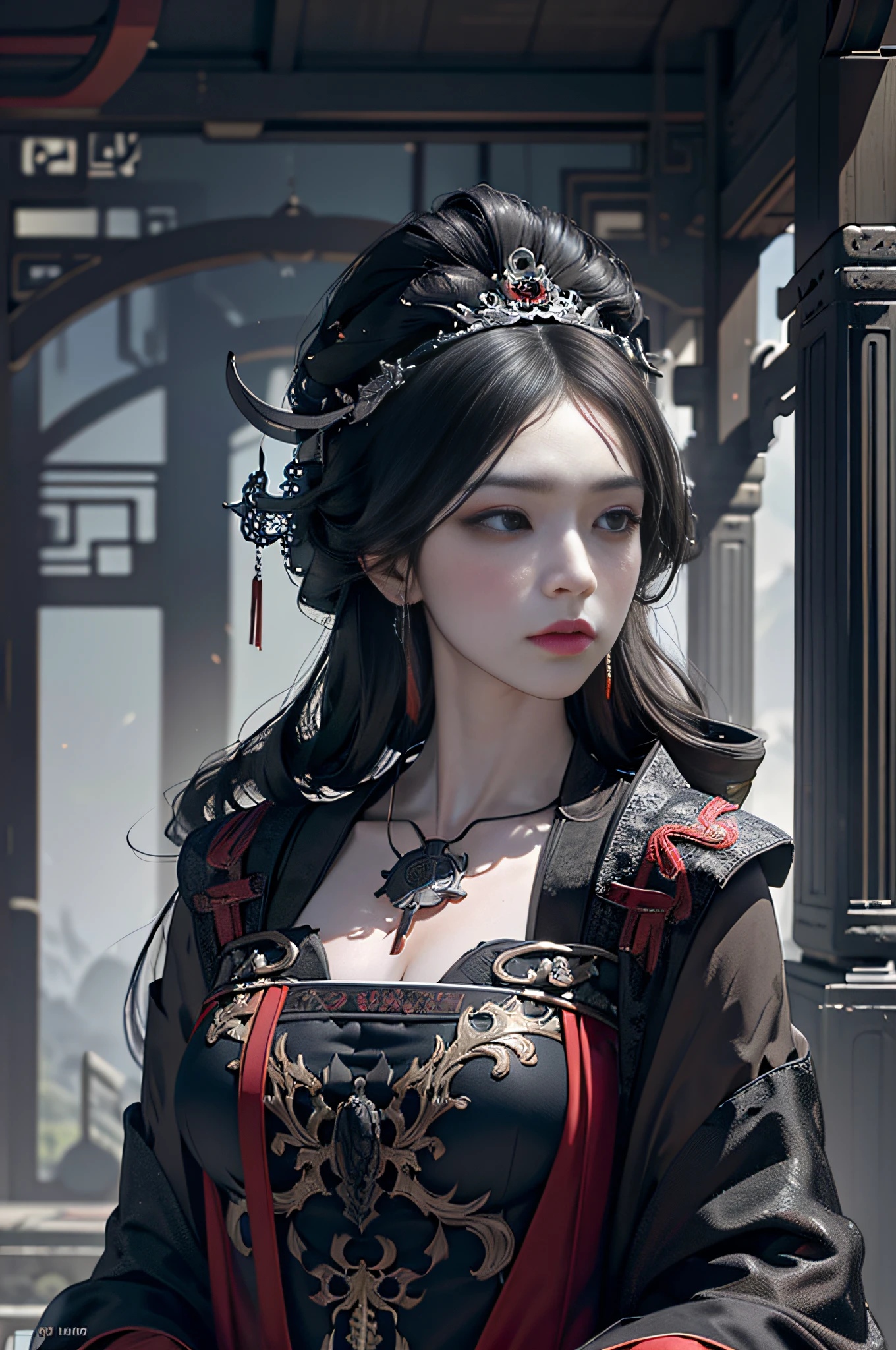 Official Art, Unity 8k Wallpaper, Ultra Detailed, Beautiful, Beautiful, Masterpiece, Best Quality, Darkness, Mystic, Romanticism, Scary, Literature, Art, Fashion, Tang Dynasty Era, Decoration, Intricate, Ironwork, Embroidery, Contemplation, Emotional Depth, Supernatural, Black Hanfu, Black Tulle, 1 Girl, Mask, Hua Dian, High Priest, Solo, Black Cat, Cat, Sad, Bloodstain, Fateful, Bust Composition, Dramatic Composition, Cinematic Lighting, Dynamic Perspective, Sexy, Full of Seduction, Ancient Chinese architectural background, temples, altars, black fog,