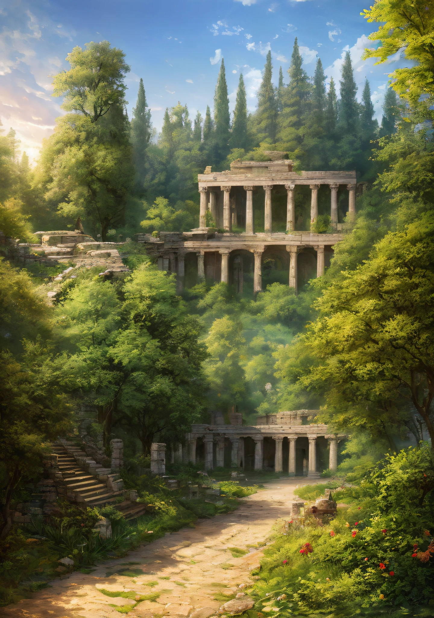 masterpiece, best quality, high quality, extremely detailed 8k wallpaper of CG unit, a charming and dreamy scene of a fantasy forest, with tall trees, dug hole, hidden fairy valleys, creating a sense of mystique and enchantment, artistic station, intricate, trends, award-winning photography, Bokeh, depth of field, HDR, flower, chromatic aberration, photorealistic, extremely detailed, trend in artstation, trend in CGsociety, intricate, high detail, dramatic, art in the middle of the journey, Roman, Greek, Persian, ruins,