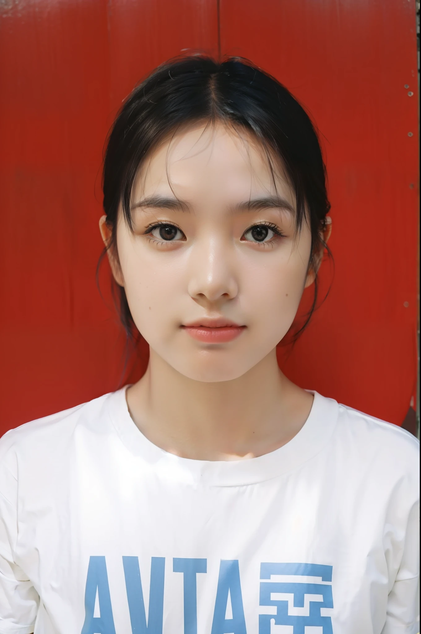 A girl looks confidently into the camera, goose egg face, short black hair, white short sleeves, realistic, ultra-real, super detailed, best picture quality, masterpiece, cinematic light and shadow