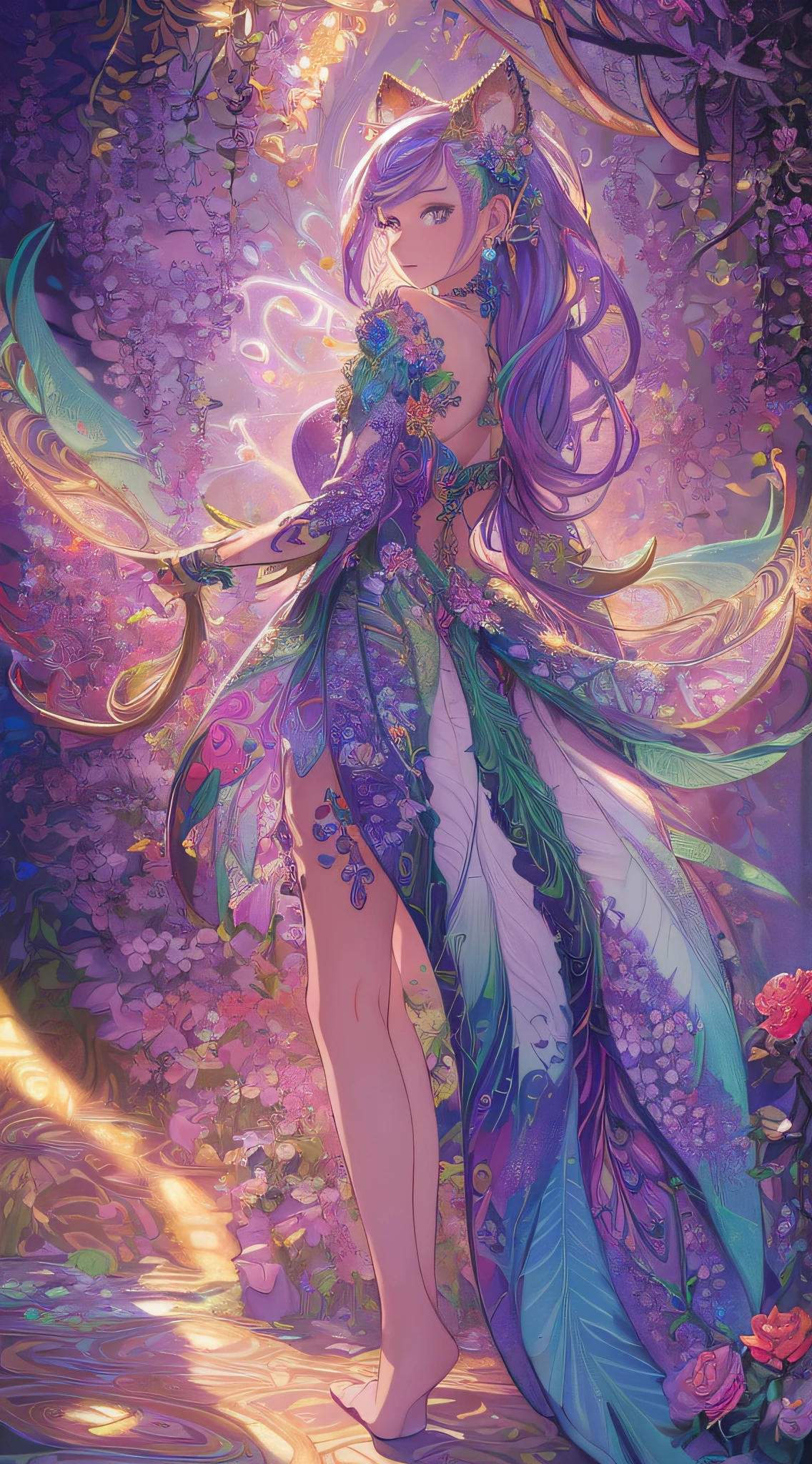 (masterpiece,beautiful and aesthetic:1.2), (1girl:1.3), extremely detailed,(fractal art:1.1),(colorful:1.1)(flowers:1.3),highest detailed,(zentangle:1.2), (dynamic pose), (abstract background:1.3), (shiny skin), (many colors:1.4),(earrings), (tail of light :1.5),ivy frame,