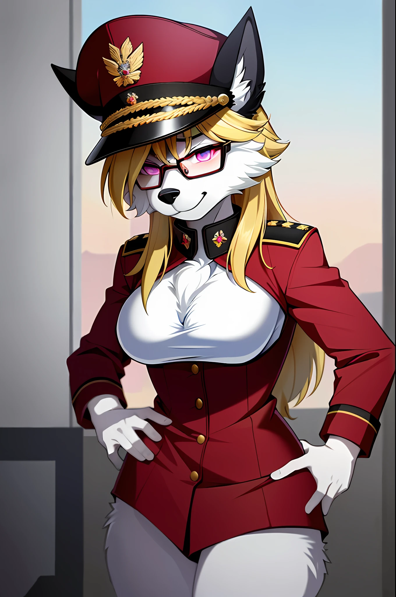 (masterpiece, best quality)), (Anthro Furry:1.3, muzzle:1.2, Anthro:1.3, Furry:1.2, closeup:1.2, female solo:1.2, (wearing Russian military coat) military pants, wearing glasses, Fox spiraled in the colors of Funtime Foxy,Five Nights at Freddy,white skin pink details, pink eyes, sexy position, deserted ambient place, Russian general military hat.