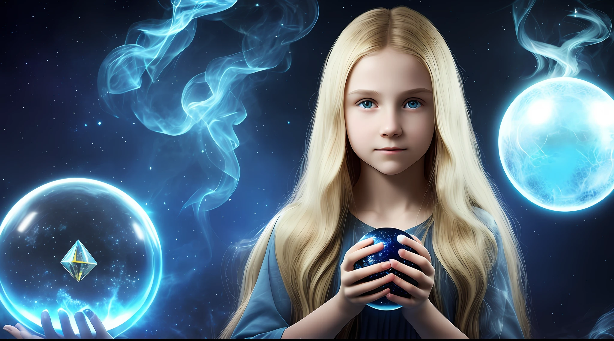 14 YEAR OLD CHILD GIRL WITH LONG BLONDE HAIR, holding a blue ball in her hands with smoke coming out of it, crystal ball, holding a crystal ball, casting a protection spell, holding a glowing orb, spell casting mage, spell casting, the truth orb, casting a powerful spell, holding a glowing orb of dice, a woman holding an orb, emitting psychic powers, hands holding large glowing orbs