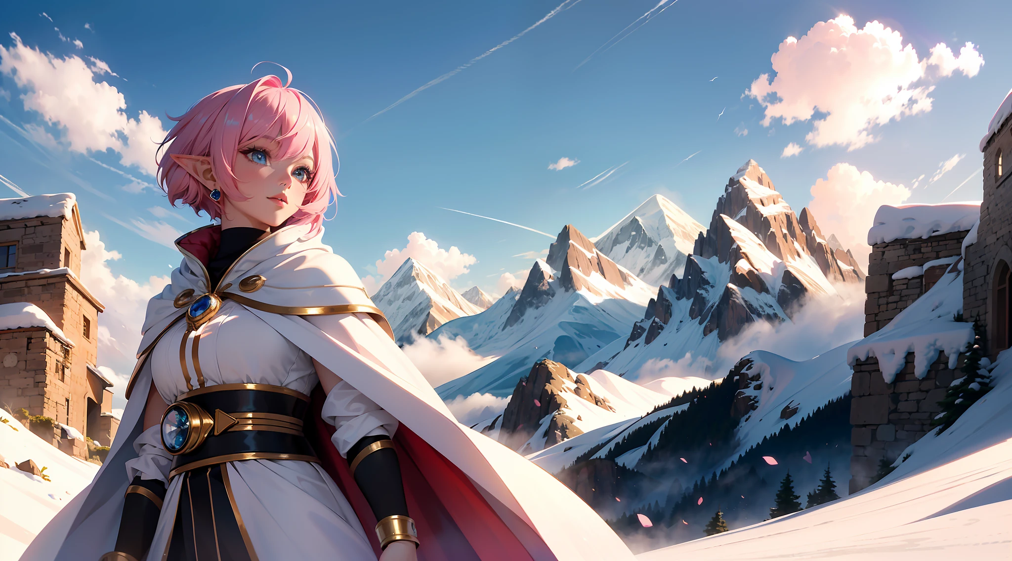 "(Ultra High Quality),(Ultra High Definition),(Superb Masterpiece),(Elf Beauty with Pink Bob Hair: 1.3), Height 158cm, (White Cloak: 1.2), Beautiful Eyes, Active, ((Scenery) Everest), Best Light, Best Shadow, Blue Sky, Mountains in the Distance, Air, Masterpiece Art, Flash, Dynamic Angle, Beauty Scene".