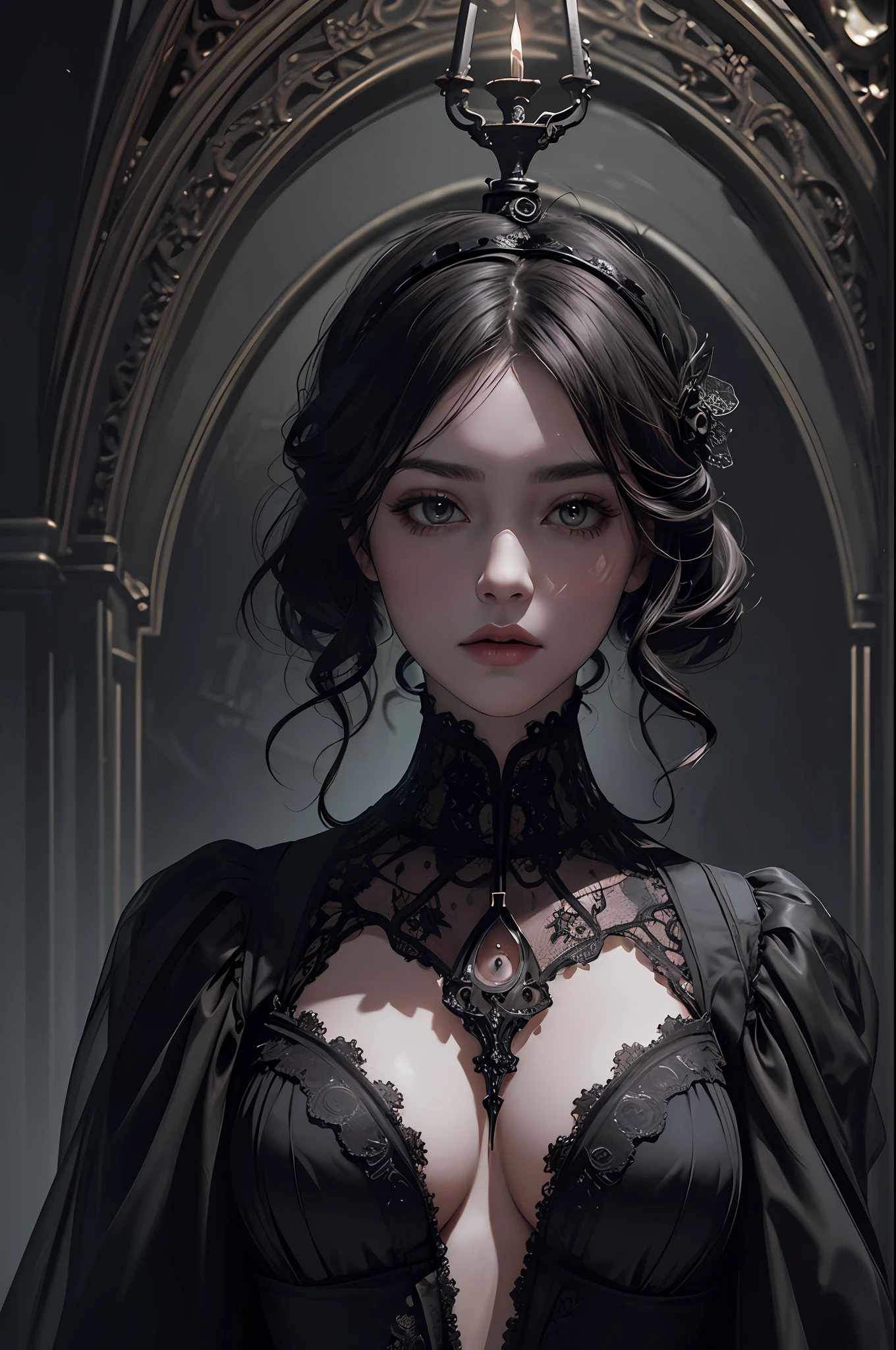 Official Art, Unity 8k wallpaper, super detailed, beautiful, beautiful, masterpiece, best quality,
darkness, atmosphere, mystery, romanticism, creepy, literature, art, fashion, victorian, decoration, intricacies, ironwork, lace, contemplation, emotional depth, supernatural,
1 girl, solo, neck, bust composition