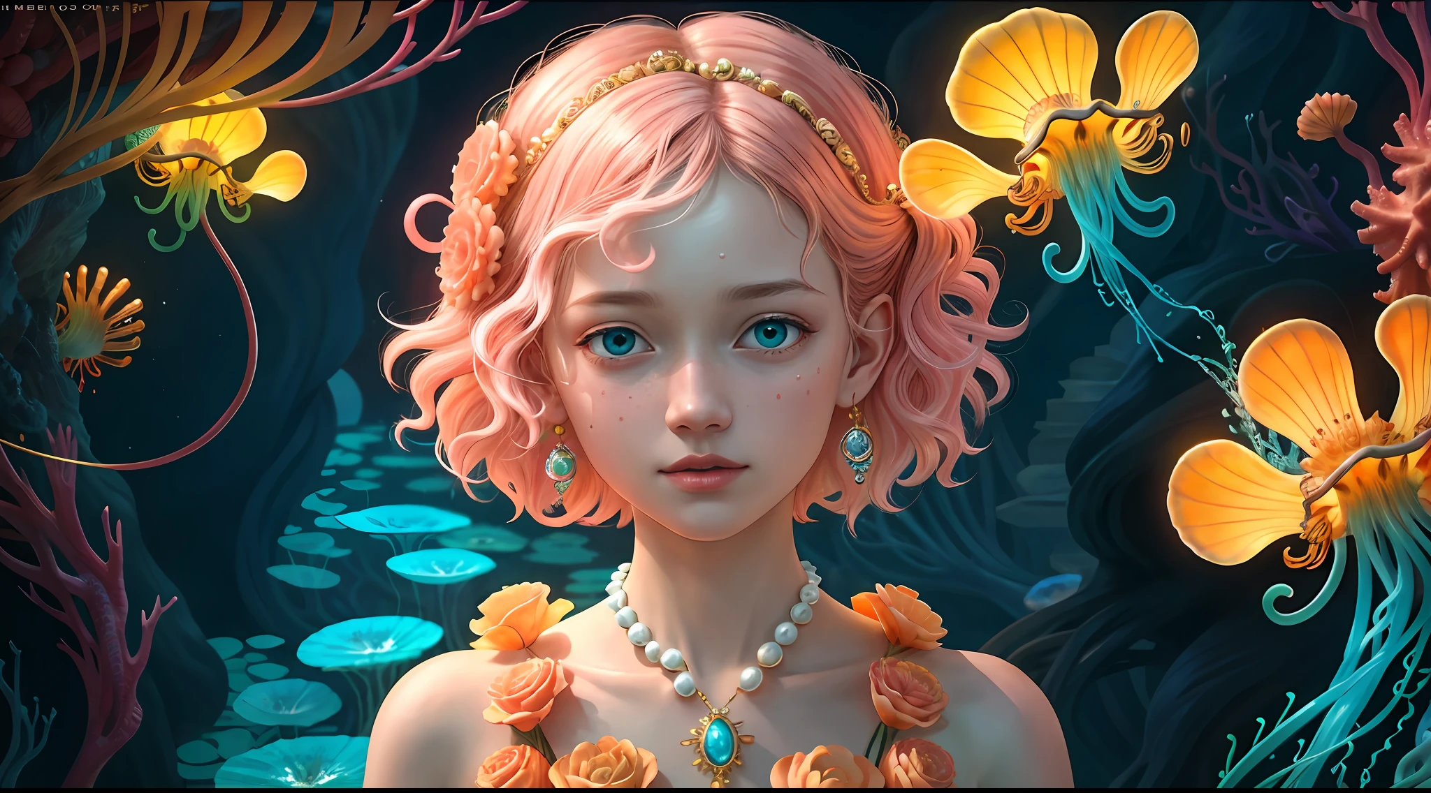 Colorful, master composition, focus on key figures, realism, masterpiece, award-winning, best quality, masterpiece, ultra-detailed, 8K, extremely detailed CG Unity 8k wallpaper, complex, highly detailed, realistic, "under water, intricate details, macro shot glowing jellyfish girl, coral, light bulb, brightness, (neutral color: 1.2), ultra-detailed, cinematic, complex background, huge ocean twisted Mandelbrot fractal shell, golden pearl nacre, hyper detail, ArtStation, Octane Renderer, (Color Acne: 1.3)",
