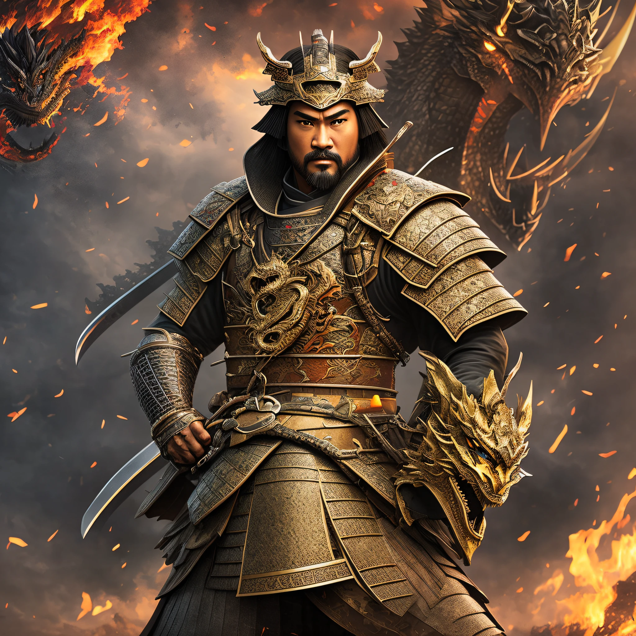 a strong samurai warrior sits in complete scenery and a dragon around him --ar 16:7 --s 750 - Zoom Out by --auto --s2