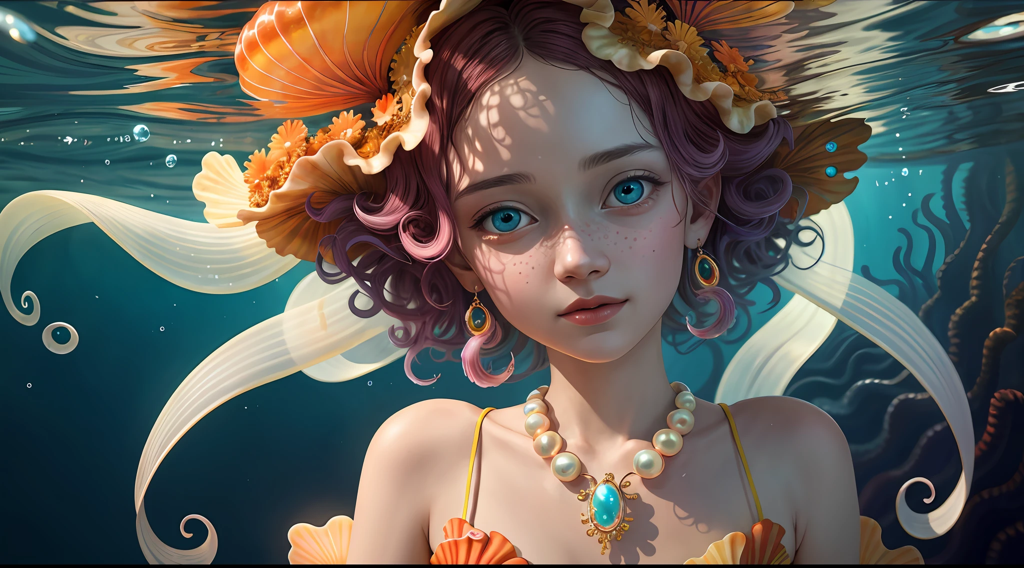 Colorful, master composition, focus on key figures, realism, masterpiece, award-winning, best quality, masterpiece, ultra-detailed, 8K, extremely detailed CG Unity 8k wallpaper, complex, highly detailed, realistic, "under water, intricate details, macro shot glowing jellyfish girl, coral, light bulb, brightness, (neutral color: 1.2), ultra-detailed, cinematic, complex background, huge ocean twisted Mandelbrot fractal shell, golden pearl nacre, hyper detail, ArtStation, Octane Renderer, (Color Acne: 1.3)",