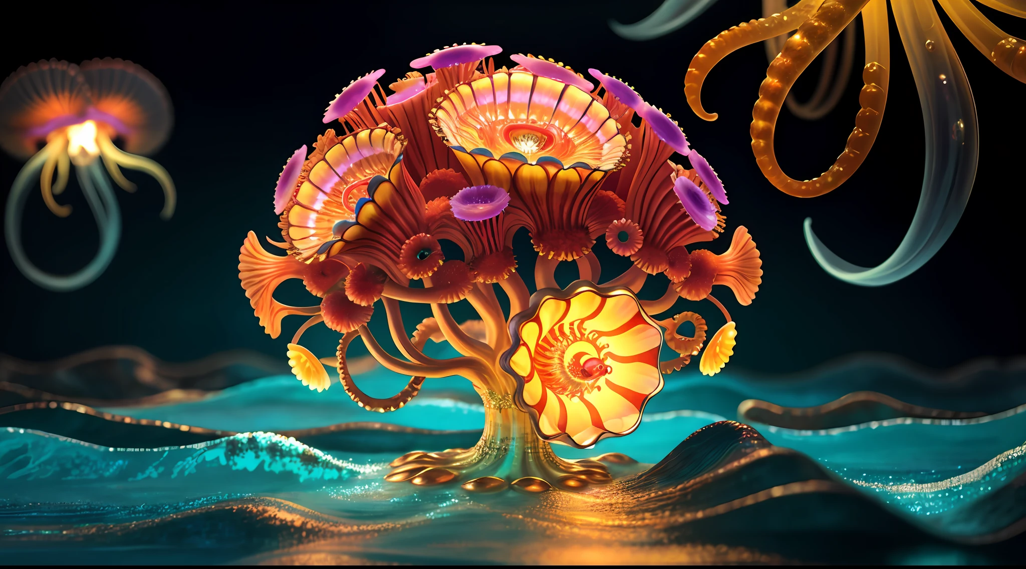 Colorful, master composition, focus on key figures, realism, masterpiece, award-winning, best quality, masterpiece, ultra-detailed, 8K, extremely detailed CG Unity 8k wallpaper, complex, highly detailed, realistic, "under water, intricate details, macro shot glowing jellyfish girl, coral, light bulb, brightness, (neutral color: 1.2), ultra-detailed, cinematic, complex background, huge ocean twisted Mandelbrot fractal shell, golden pearl nacre, hyper detail, ArtStation, Octane Renderer, (Color Acne: 1.3)",