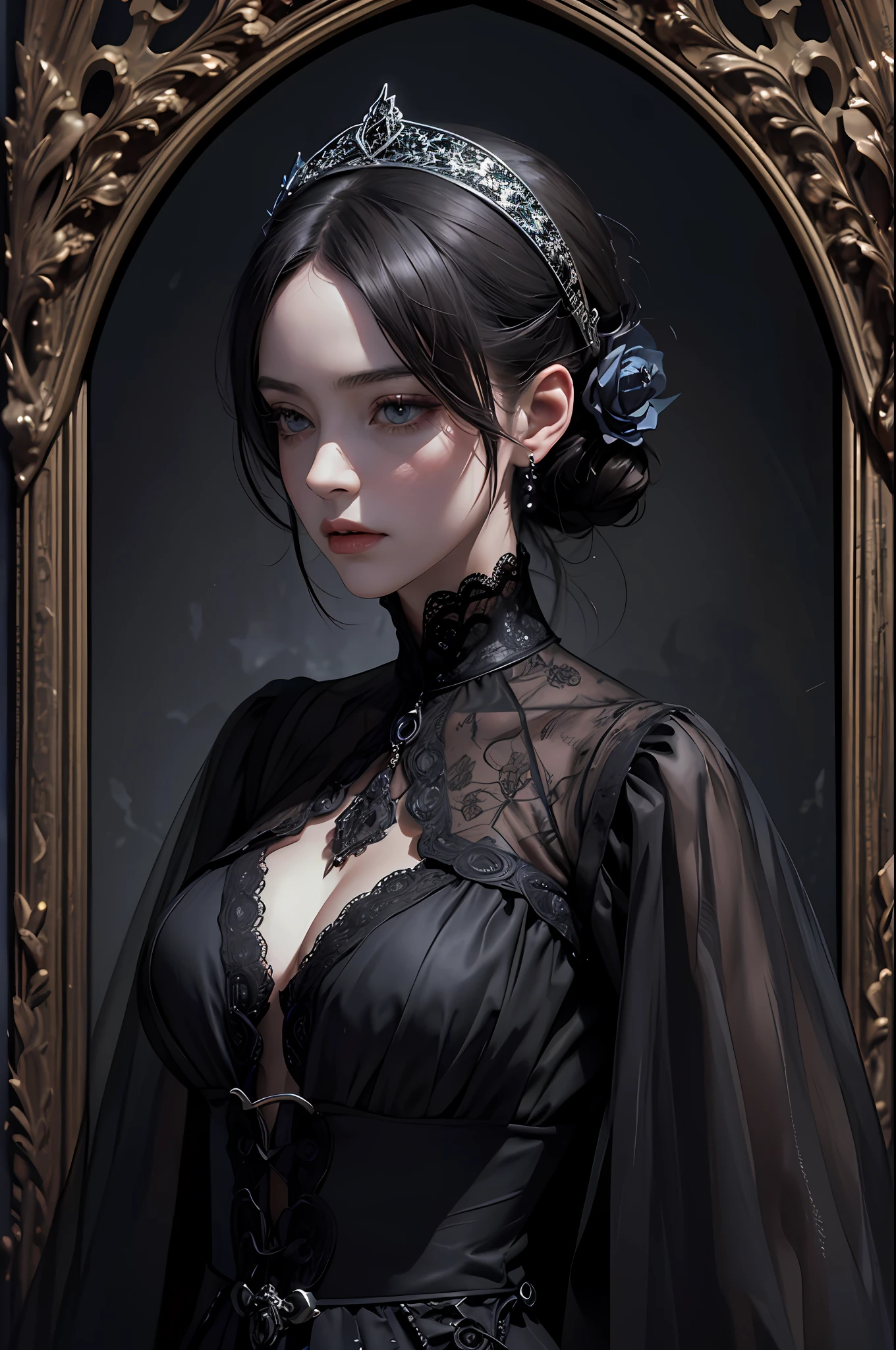 Official Art, Unity 8k wallpaper, super detailed, beautiful, beautiful, masterpiece, best quality,
darkness, atmosphere, mystery, romanticism, creepy, literature, art, fashion, victorian, decoration, intricacies, ironwork, lace, contemplation, emotional depth, supernatural,
1 girl, solo, neck, bust composition