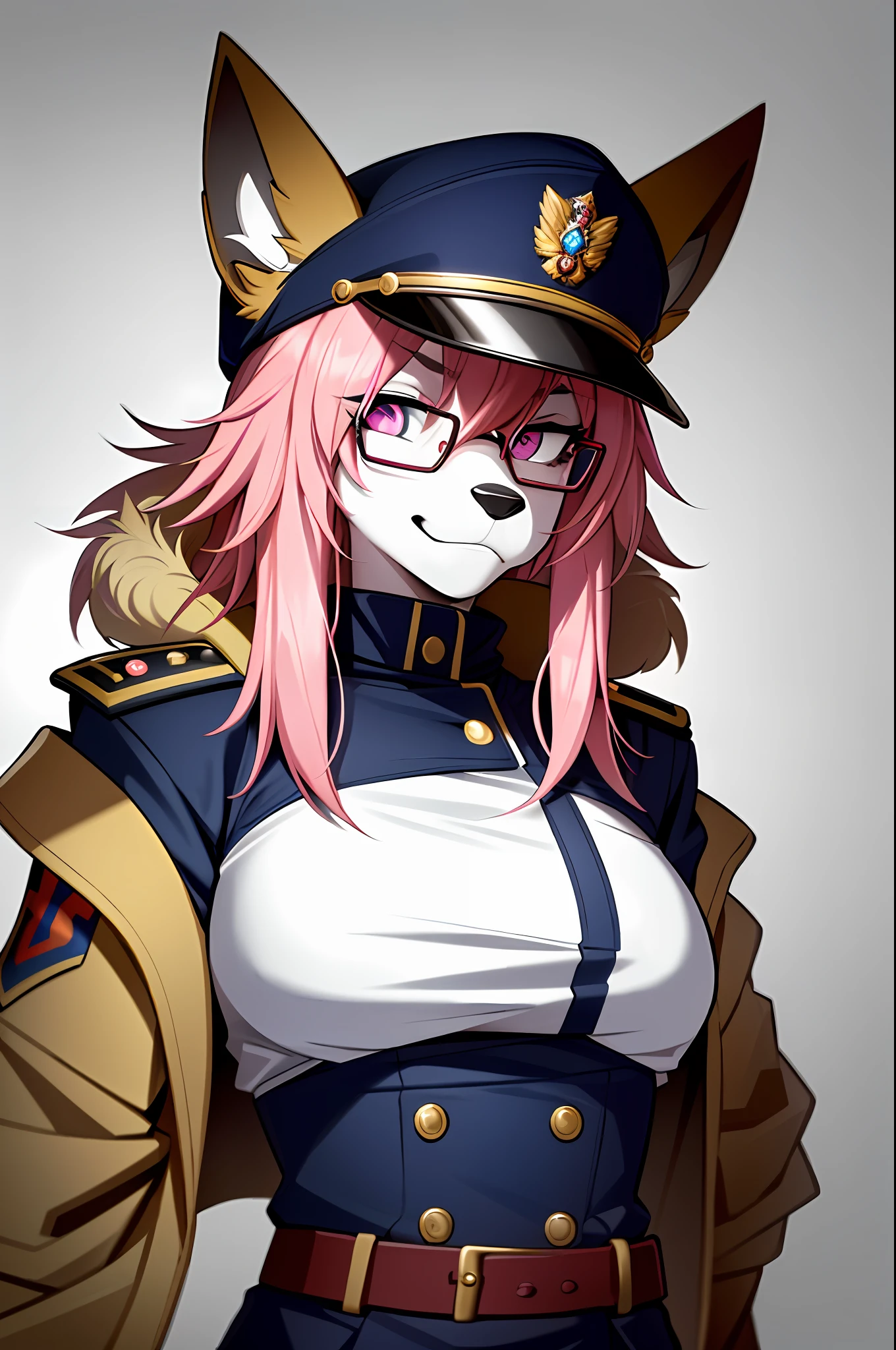 (masterpiece, best quality)), (Anthro Furry:1.3, muzzle:1.2, Anthro:1.3, Furry:1.2, closeup:1.2, female solo:1.2, (wearing Russian military coat) military pants, wearing glasses, Fox spiraled in the colors of Funtime Foxy,Five Nights at Freddy,white skin pink details, pink eyes, sexy position, deserted ambient place, Russian general military hat.