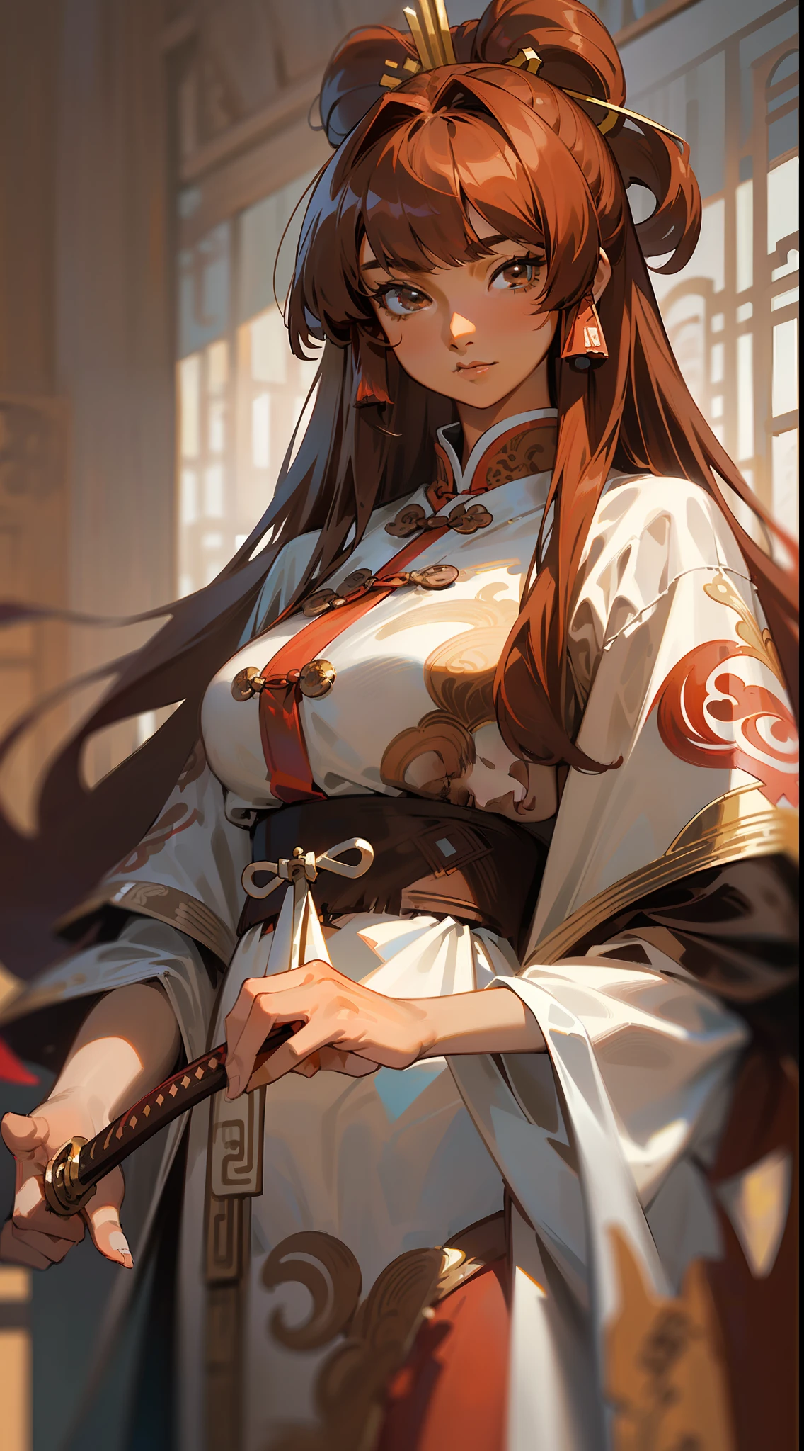 Twelve Kingdoms, Yoko Nakajima, Keioh, Masterpiece, Beautiful Girl, Beauty, Ultra Precise, Elaborate, Photorealistic, Realistic, (((Crimson Hair)), Long Hair, (((((Brown Skin)))), Dignified Face, Perfect Eyes, Perfect Lips, Ancient Chinese Dynasty Dress, (((Bangs)), holding a sword,